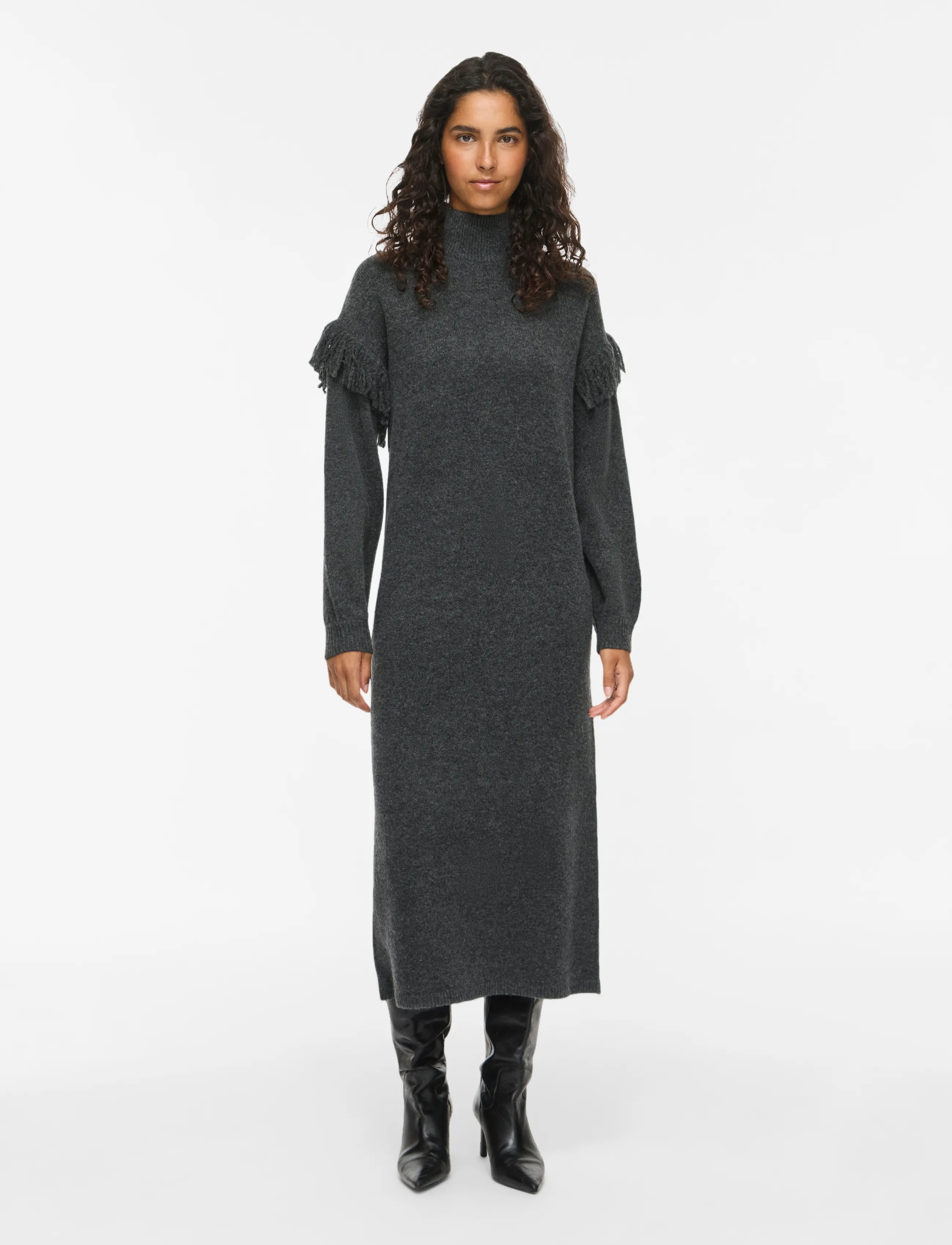 Vila VIADELI HIGHNECK L/S DETAIL KNIT DRESS - Stickade klänningar - DARK GREY MELANGE / grey