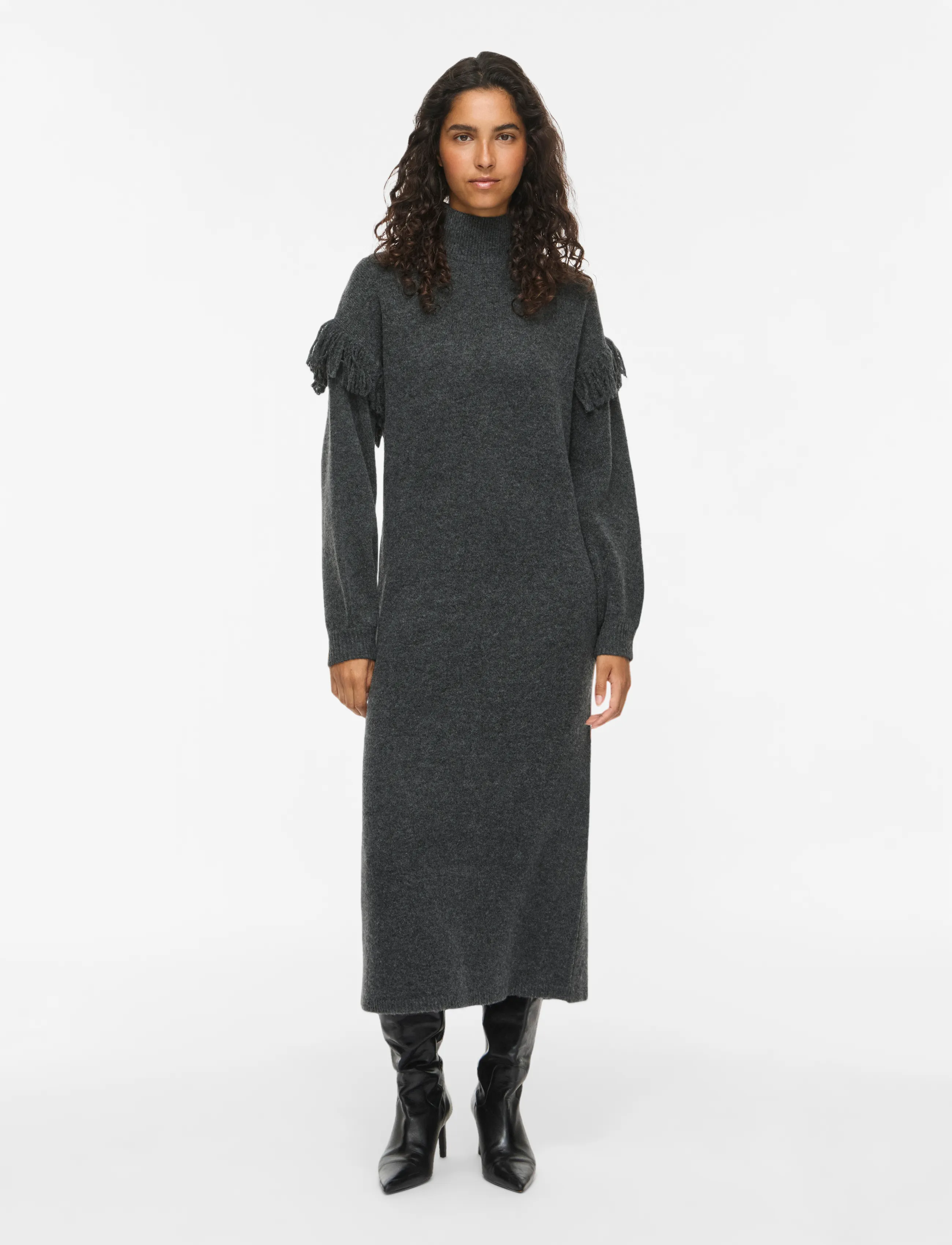 Vila - VIADELI HIGHNECK L/S DETAIL KNIT DRESS - strickkleider - dark grey melange - 4