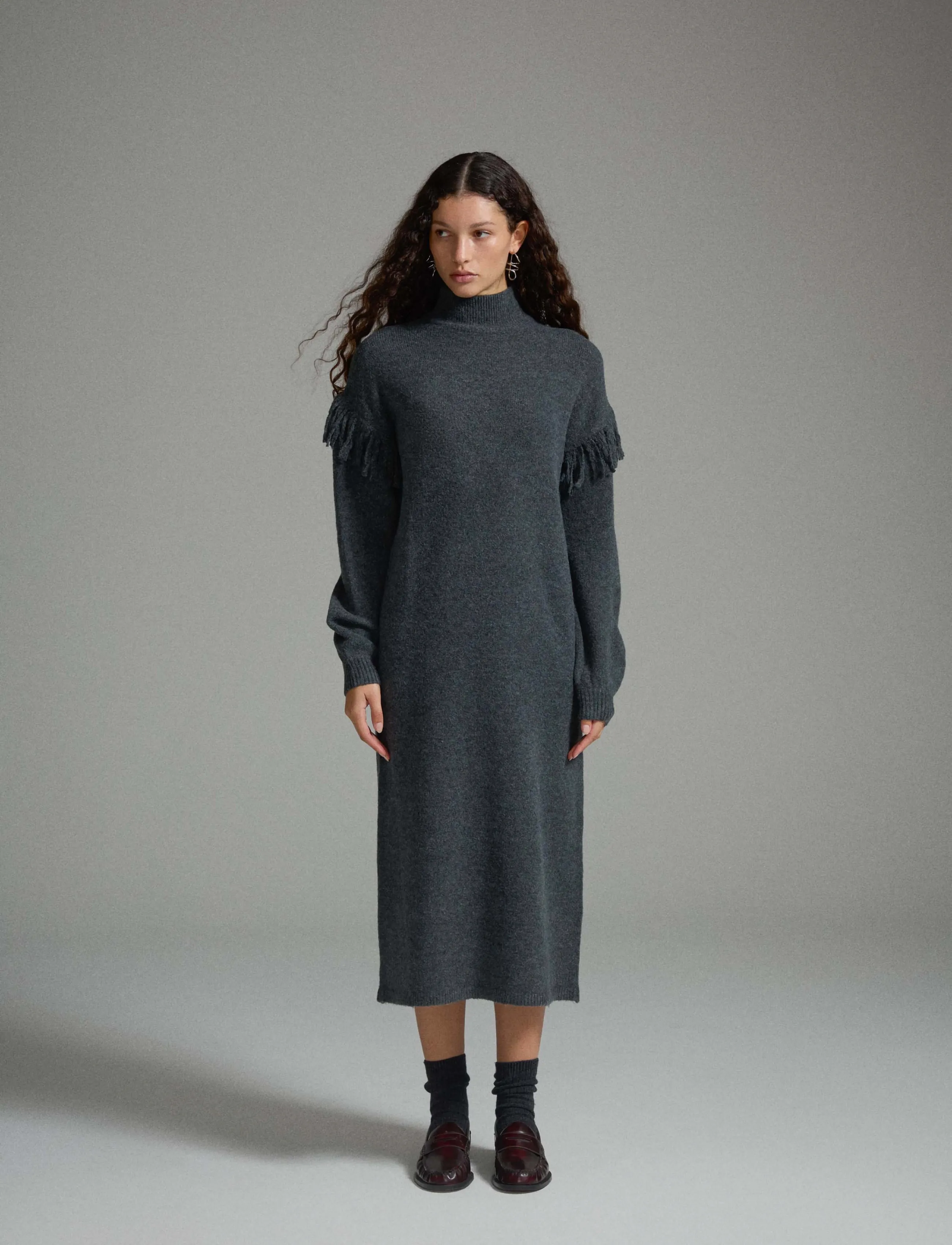 Vila - VIADELI HIGHNECK L/S DETAIL KNIT DRESS - dark grey melange - 4