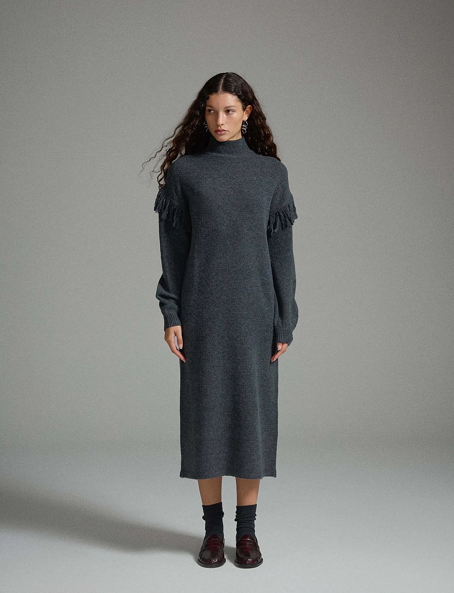Vila - VIADELI HIGHNECK L/S DETAIL KNIT DRESS - dark grey melange - 4