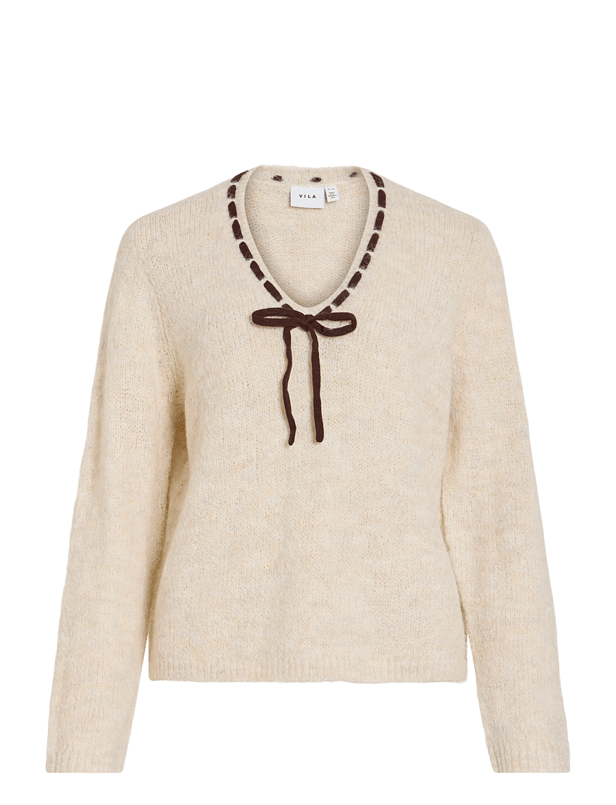 Vila - VINAYE V-NECK L/S DETAIL KNIT TOP - super light natural melan - 0