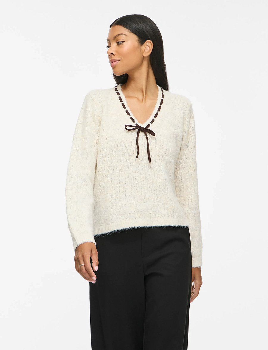 Vila - VINAYE V-NECK L/S DETAIL KNIT TOP - kampsunid - super light natural melan - 0