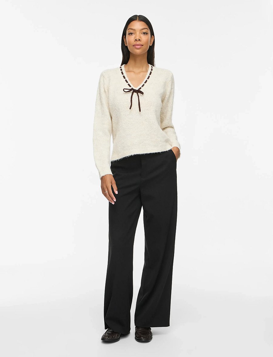 Vila - VINAYE V-NECK L/S DETAIL KNIT TOP - kampsunid - super light natural melan - 4
