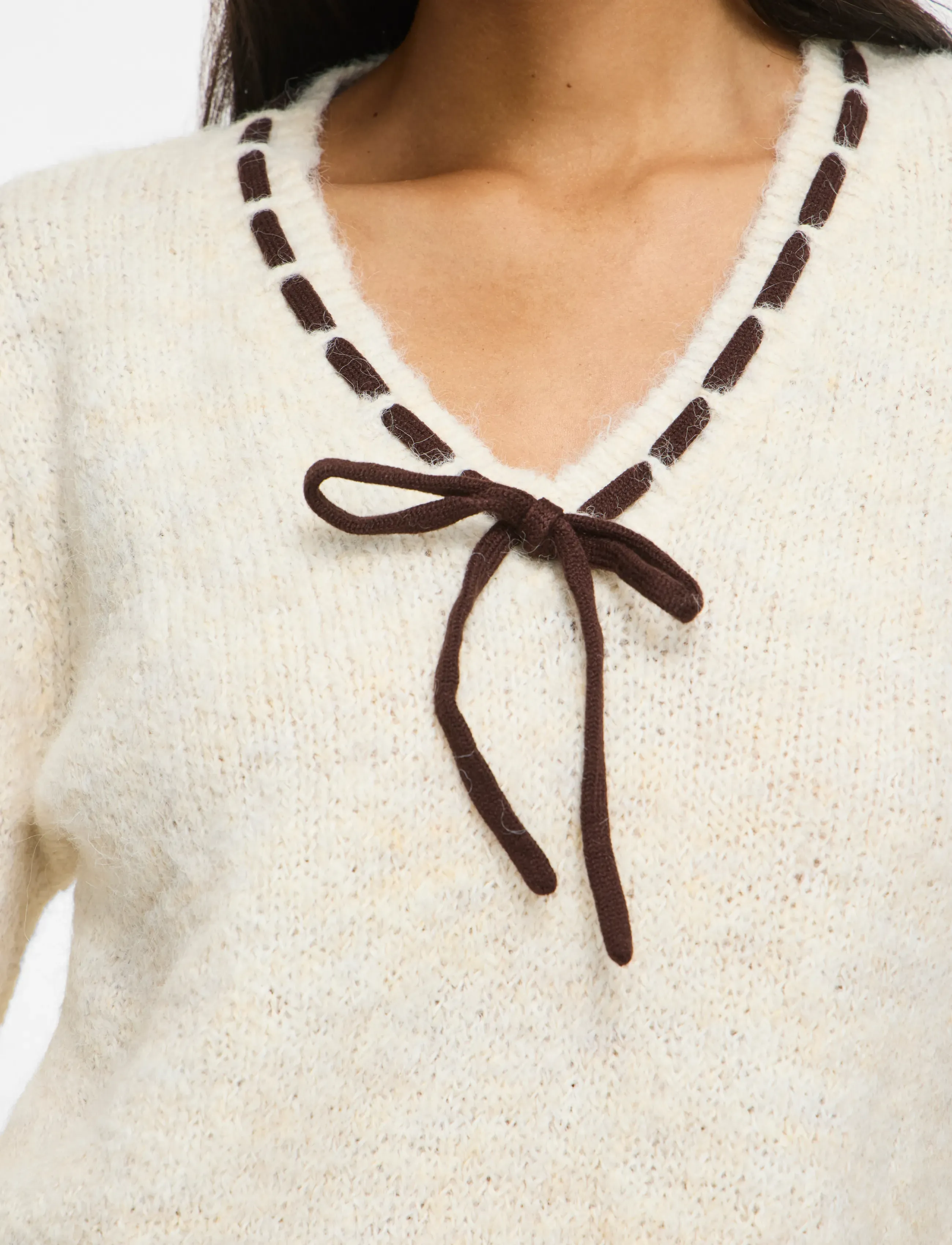 Vila VINAYE V-NECK L/S DETAIL KNIT TOP - Fødselsdag - SUPER LIGHT NATURAL MELAN / cream