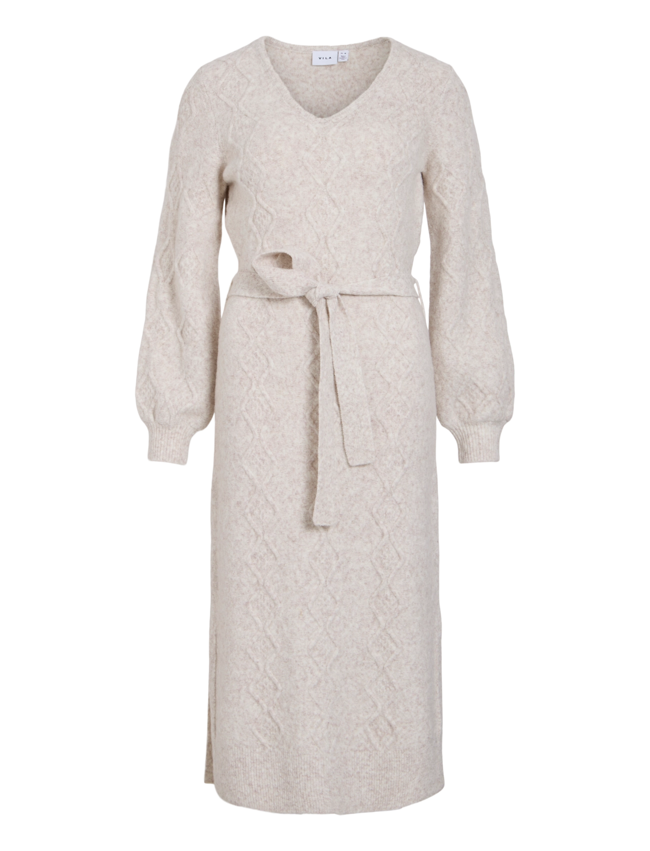 Vila VICLEO V-NECK L/S CABLE KNIT DRESS - Knitted Dresses - SUPER LIGHT NATURAL MELAN / cream