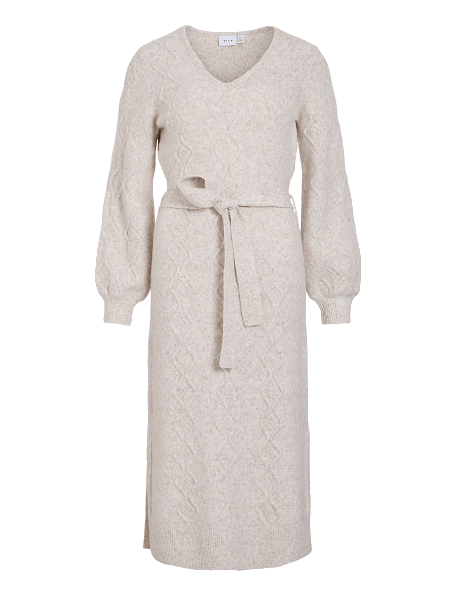 Vila - VICLEO V-NECK L/S CABLE KNIT DRESS - knitted dresses - super light natural melan - 0