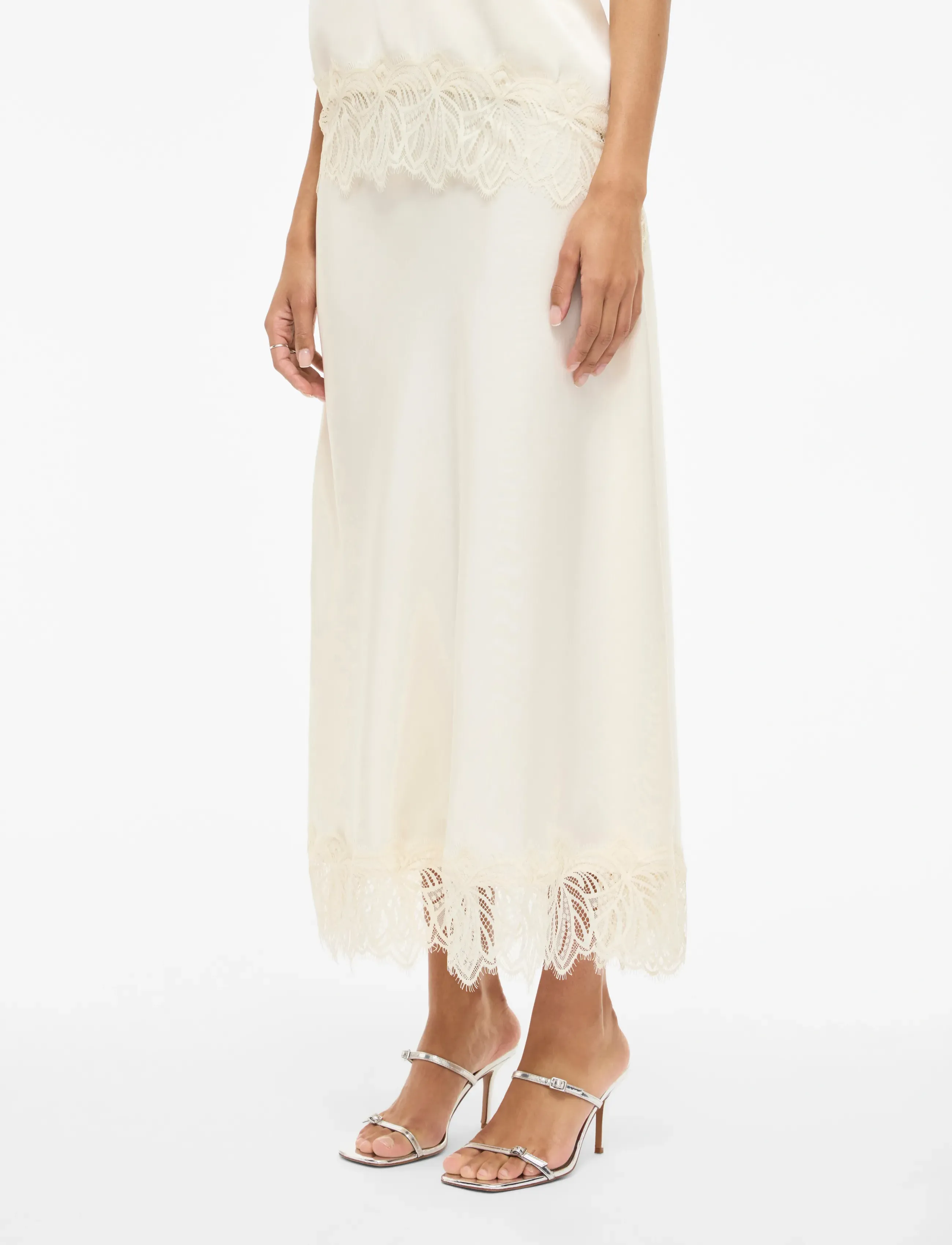 Vila Vilea Ankle Skirt, Kvinder, Slip Ankelnederdel Med Blondekant, Cream, Str: 40
