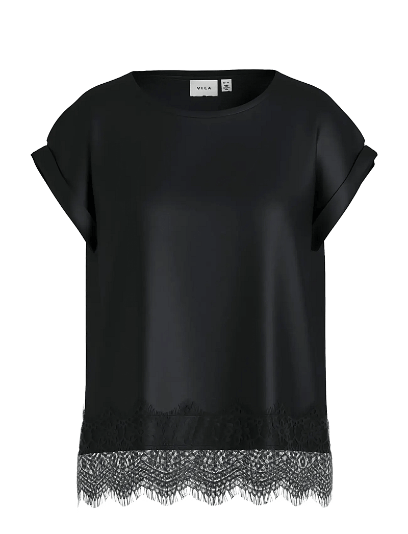 Vila - VIELLETTE S/S FULL SATIN LACE TOP - NOOS - t-shirts - black beauty - 0