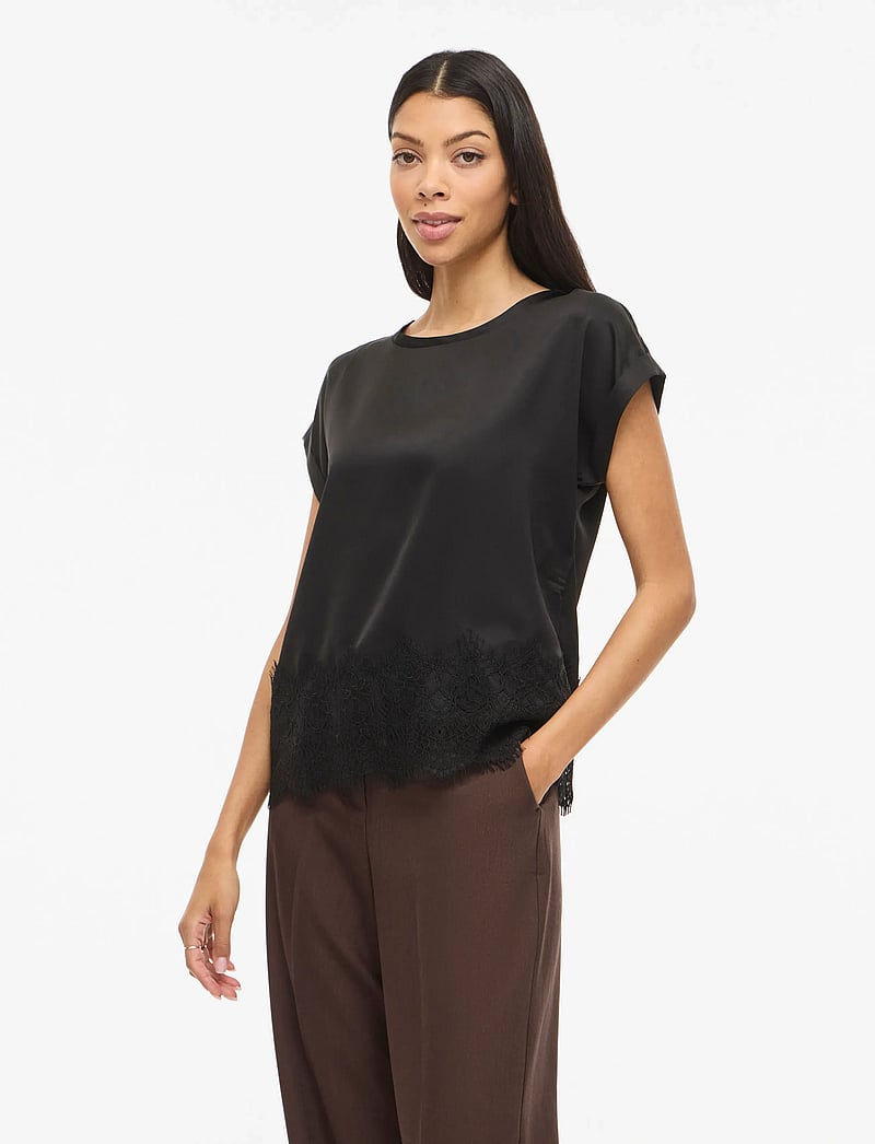 Vila - VIELLETTE S/S FULL SATIN LACE TOP - NOOS - t-shirts - black beauty - 0