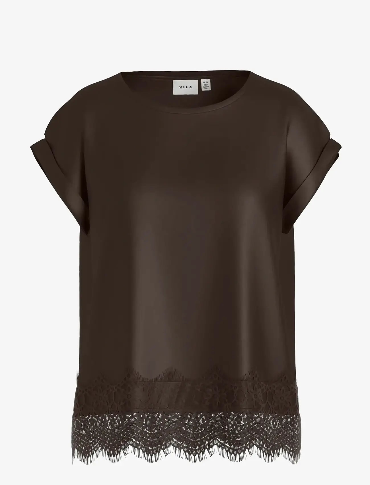 Vila - VIELLETTE S/S FULL SATIN LACE TOP - NOOS - t-shirts - coffee bean - 1
