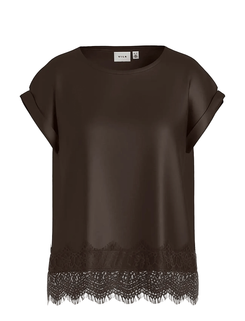 Vila - VIELLETTE S/S FULL SATIN LACE TOP - NOOS - t-paidat - coffee bean - 0
