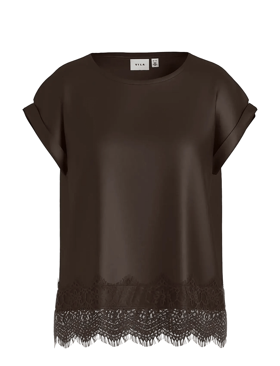Vila - VIELLETTE S/S FULL SATIN LACE TOP - NOOS - t-shirts - coffee bean - 1