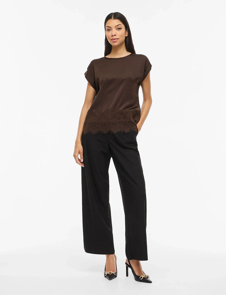 Vila - VIELLETTE S/S FULL SATIN LACE TOP - NOOS - t-shirts - coffee bean - 4