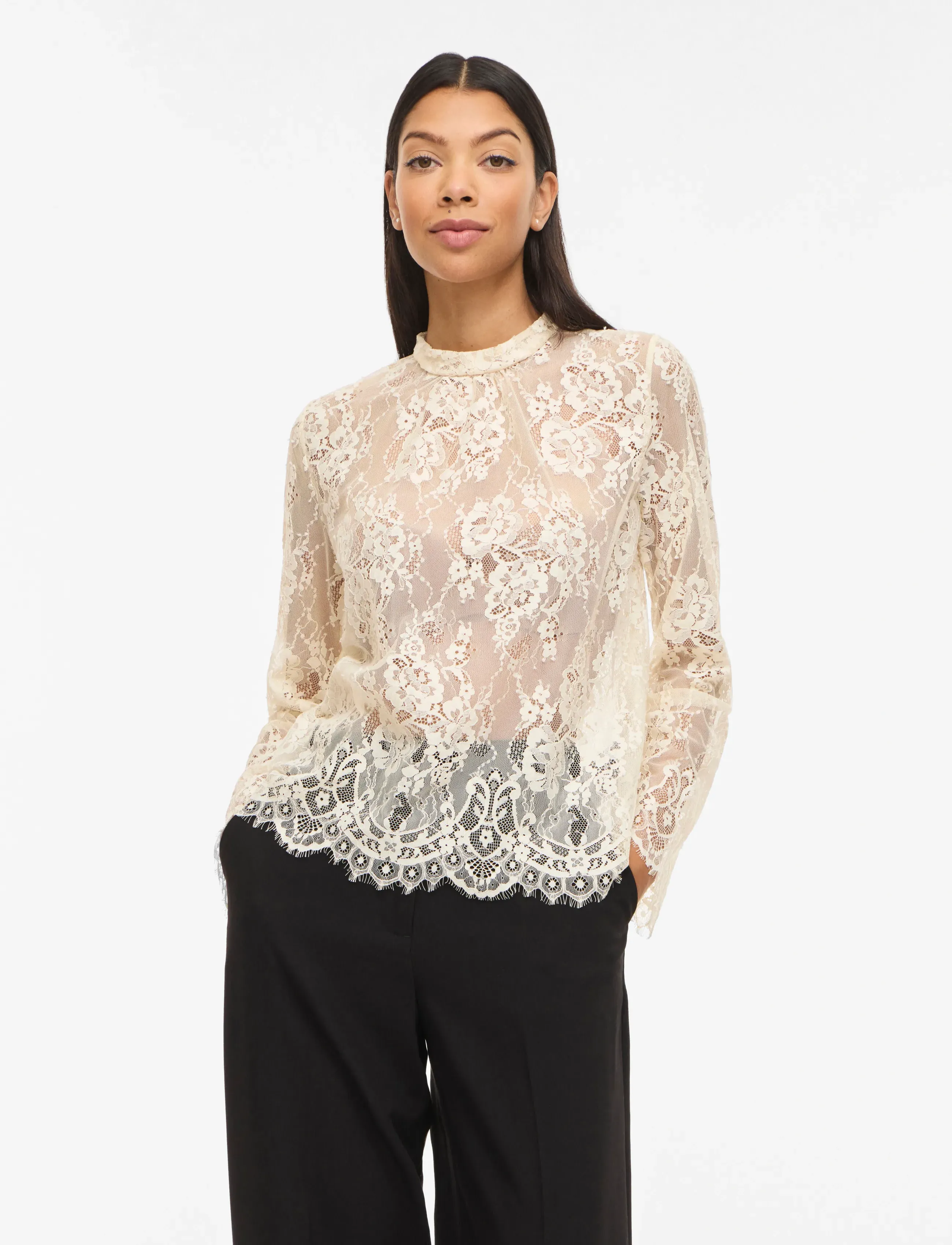 Vila VICARRIE L/S LACE TOP - Blusar & Skjortor - BIRCH / cream