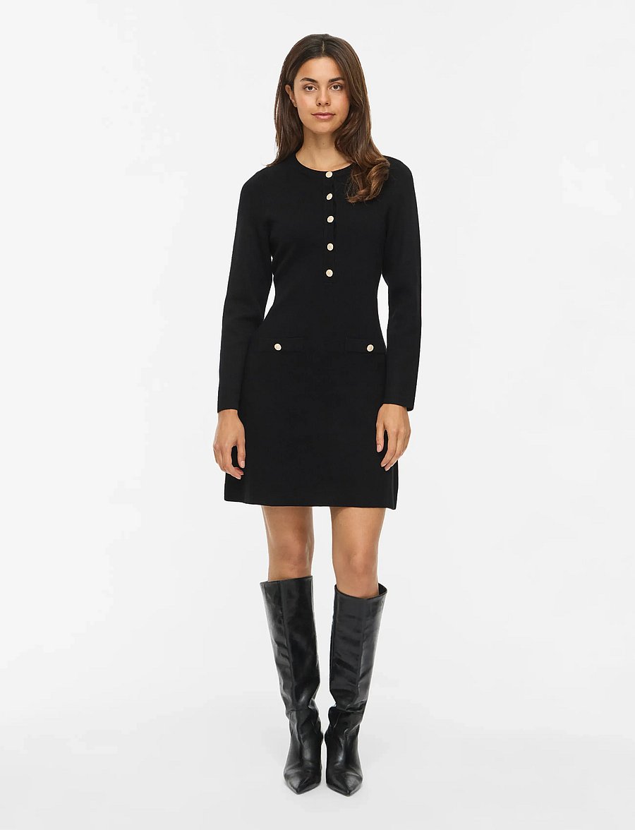 Vila - VISWAY O-NECK L/S A-LINE KNIT DRESS - black beauty - 0