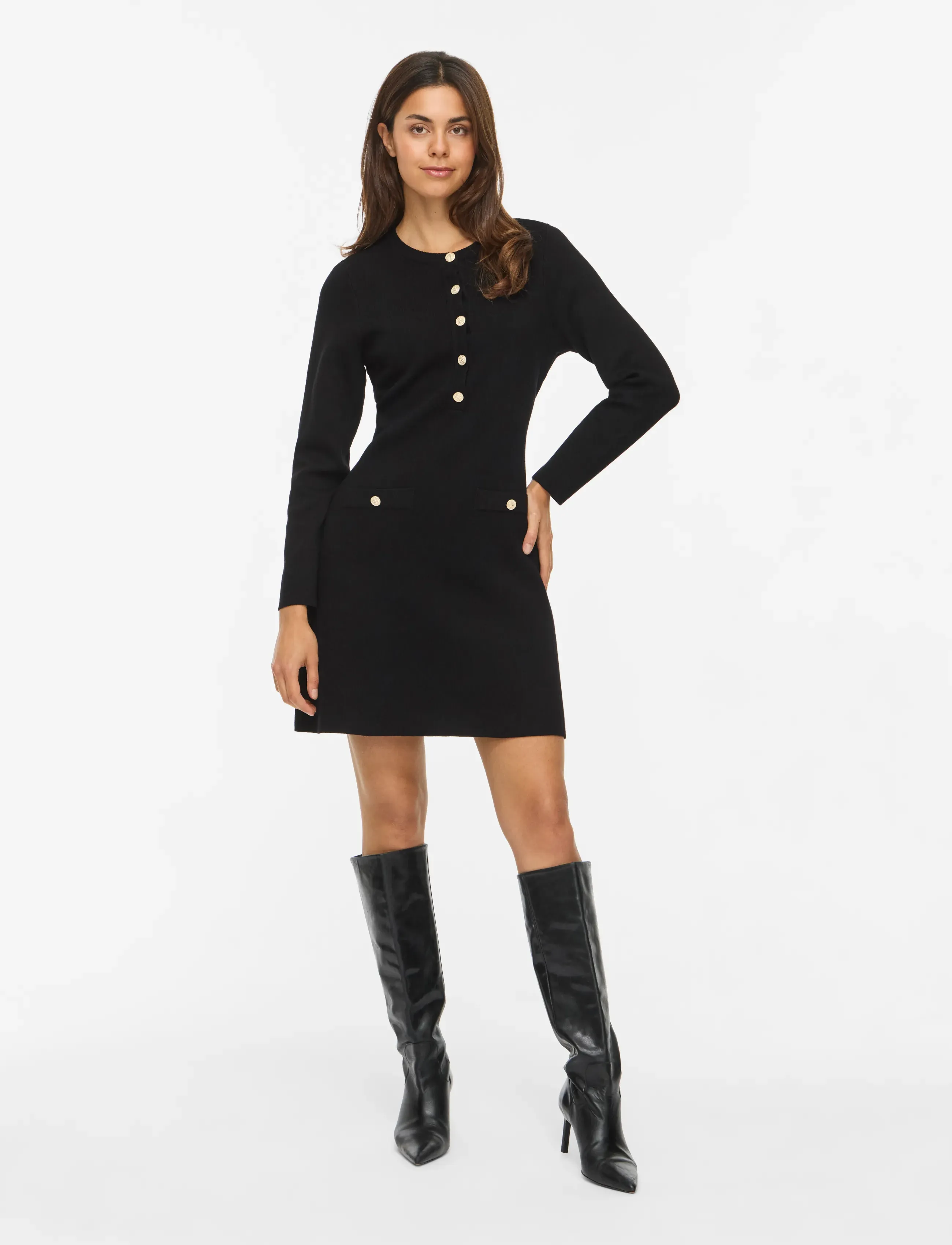 Vila - VISWAY O-NECK L/S A-LINE KNIT DRESS - black beauty - 4
