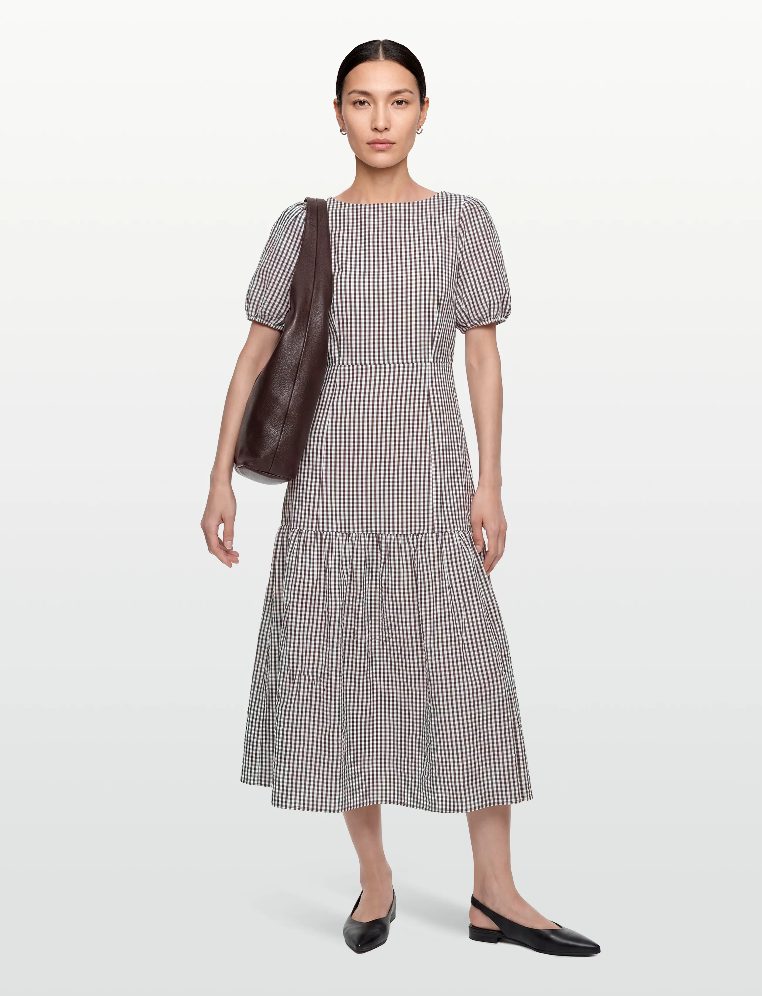 Vila Viterni S/S Boatneck Ankle Dress/Ka, Kvinder, Tiered Gingham Ankellang Kjole, Grå, Str: 36