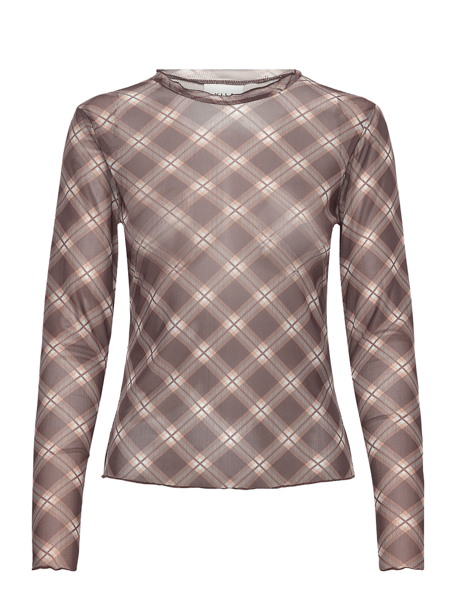 Vila - VININNA NEW L/S CHECK MESH TOP - långärmade toppar - coffee bean - 1