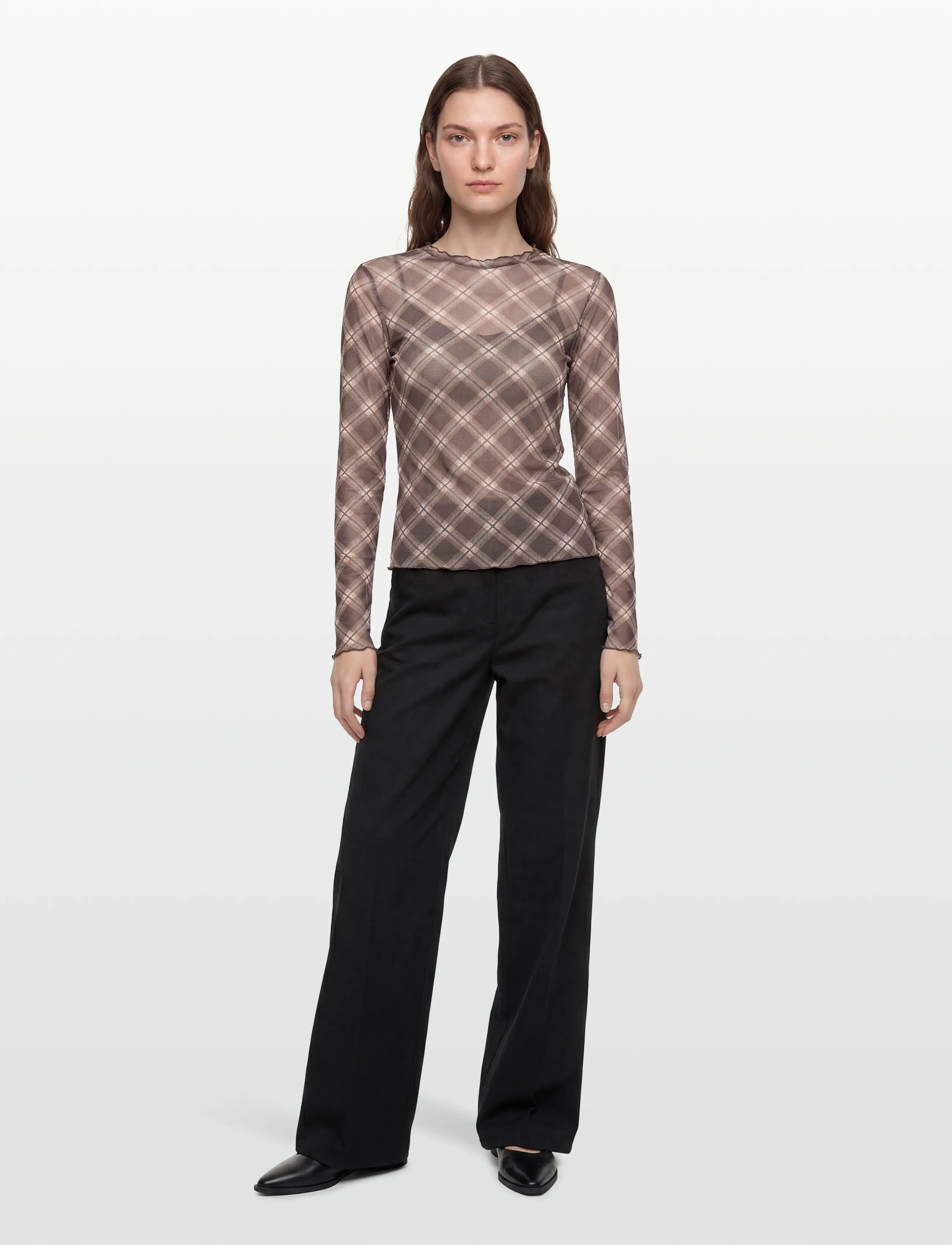 Vila Vininna New L/S Check Mesh Top, Kvinder, Langærmet Ternet Mesh Top, Brun, Str: S