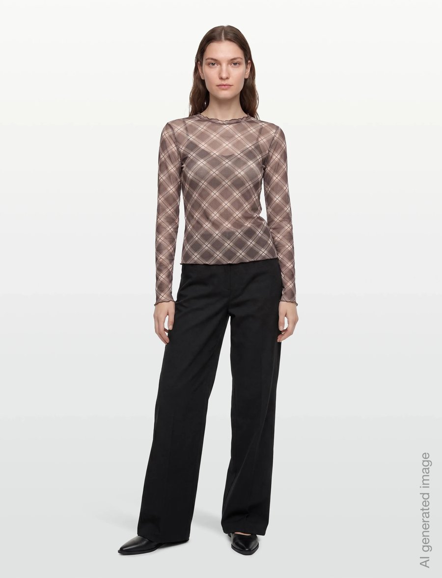 Vila - VININNA NEW L/S CHECK MESH TOP - långärmade toppar - coffee bean - 0