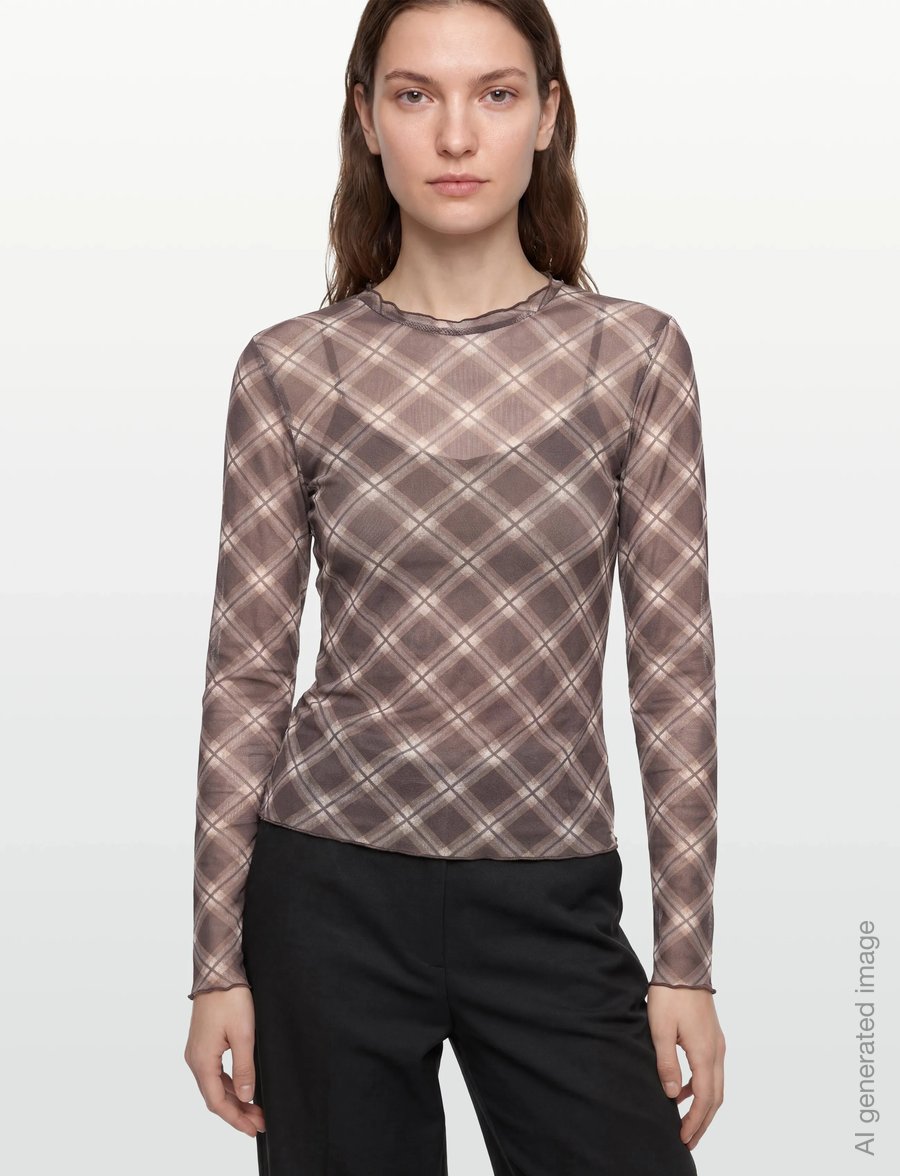 Vila - VININNA NEW L/S CHECK MESH TOP - långärmade toppar - coffee bean - 3
