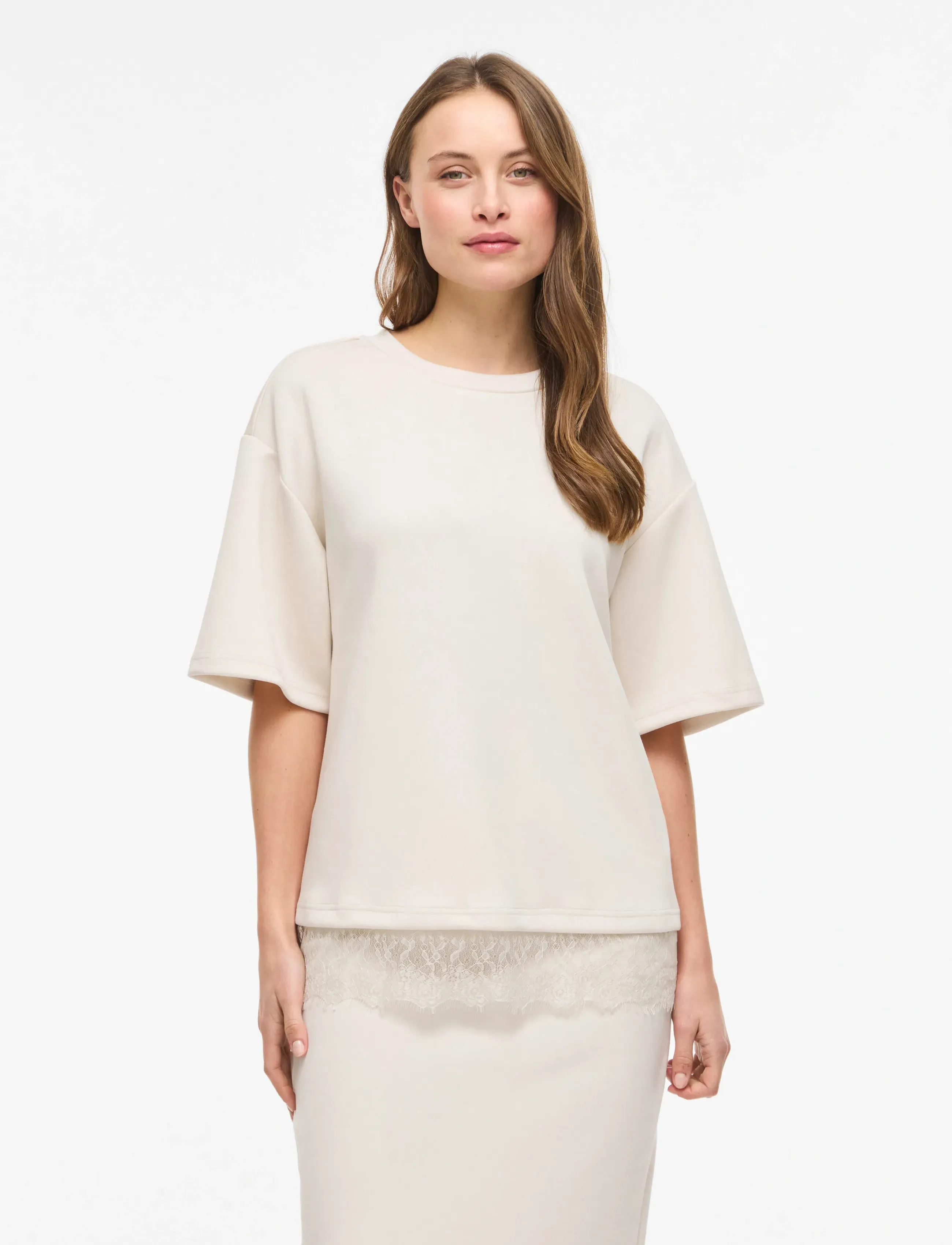 Vila VIEWIE 2/4 LACE TOP - T-särgid ja alussärgid - BIRCH / cream