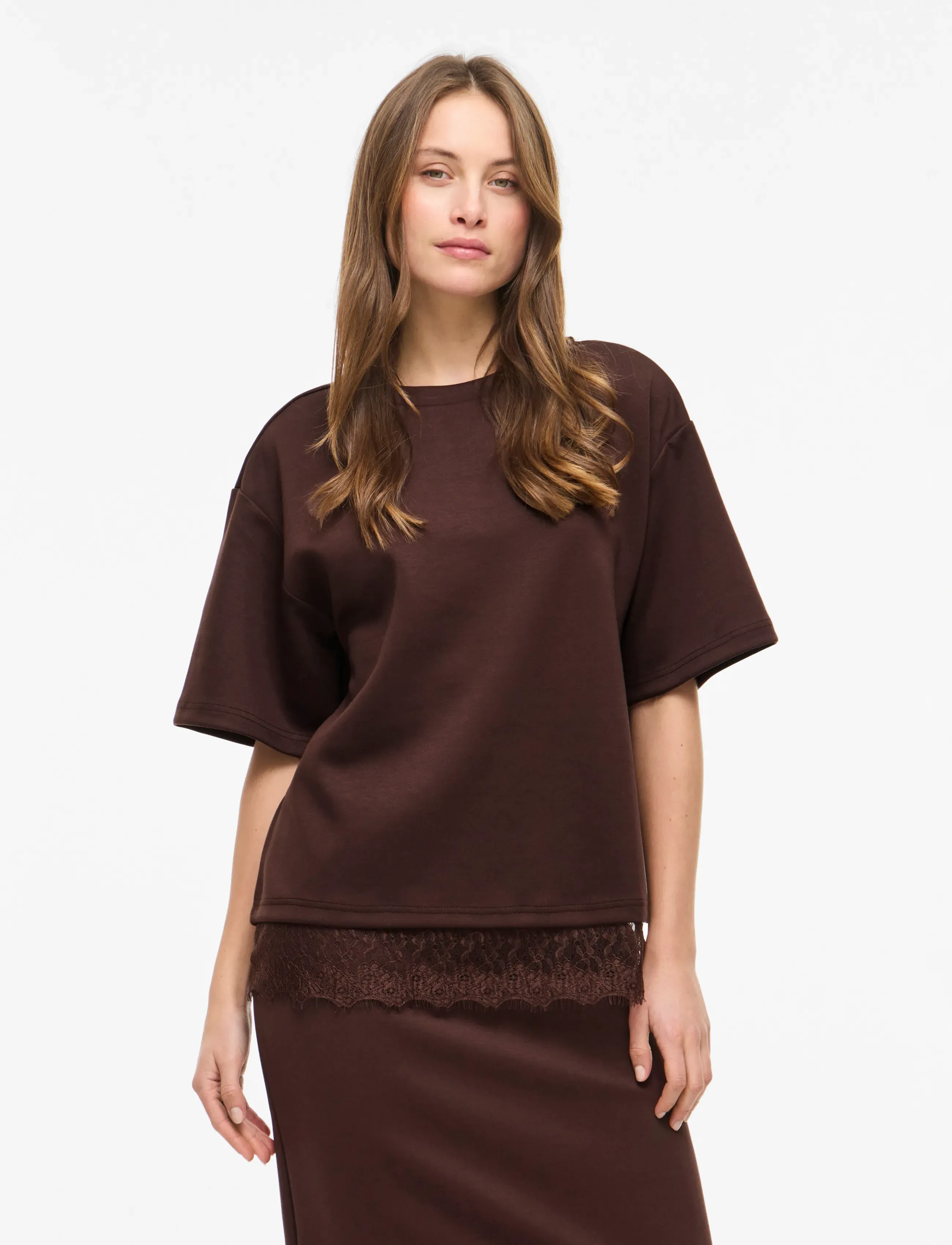 Vila VIEWIE 2/4 LACE TOP - T-shirts - COFFEE BEAN / brown