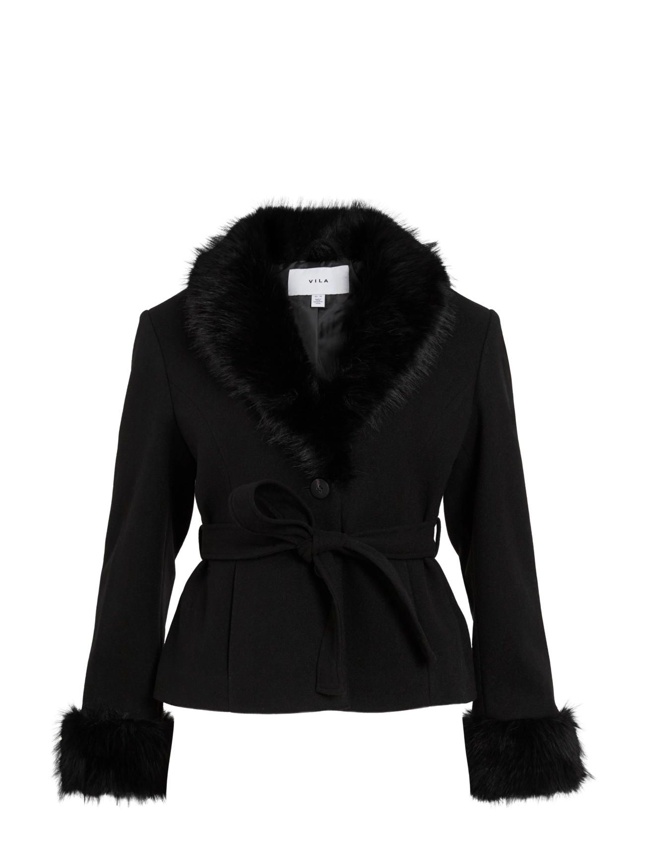 Vila VIMETIL L/S BELTED SHORT COAT/KA - Faux Fur - BLACK / black