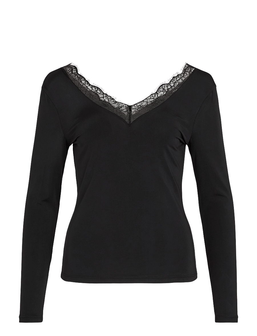 Vila - VILEOA L/S LACE V-NECK TOP/KA - langärmlige tops - black - 0
