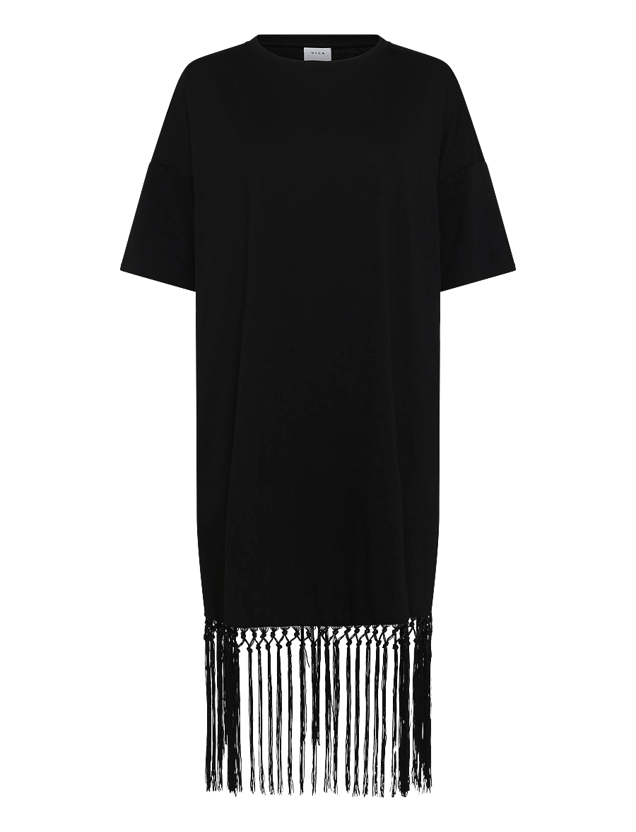 Vila - VIKATA 2/4 OVERSIZE FRINGE DRESS - t-shirt-kleider - black - 0