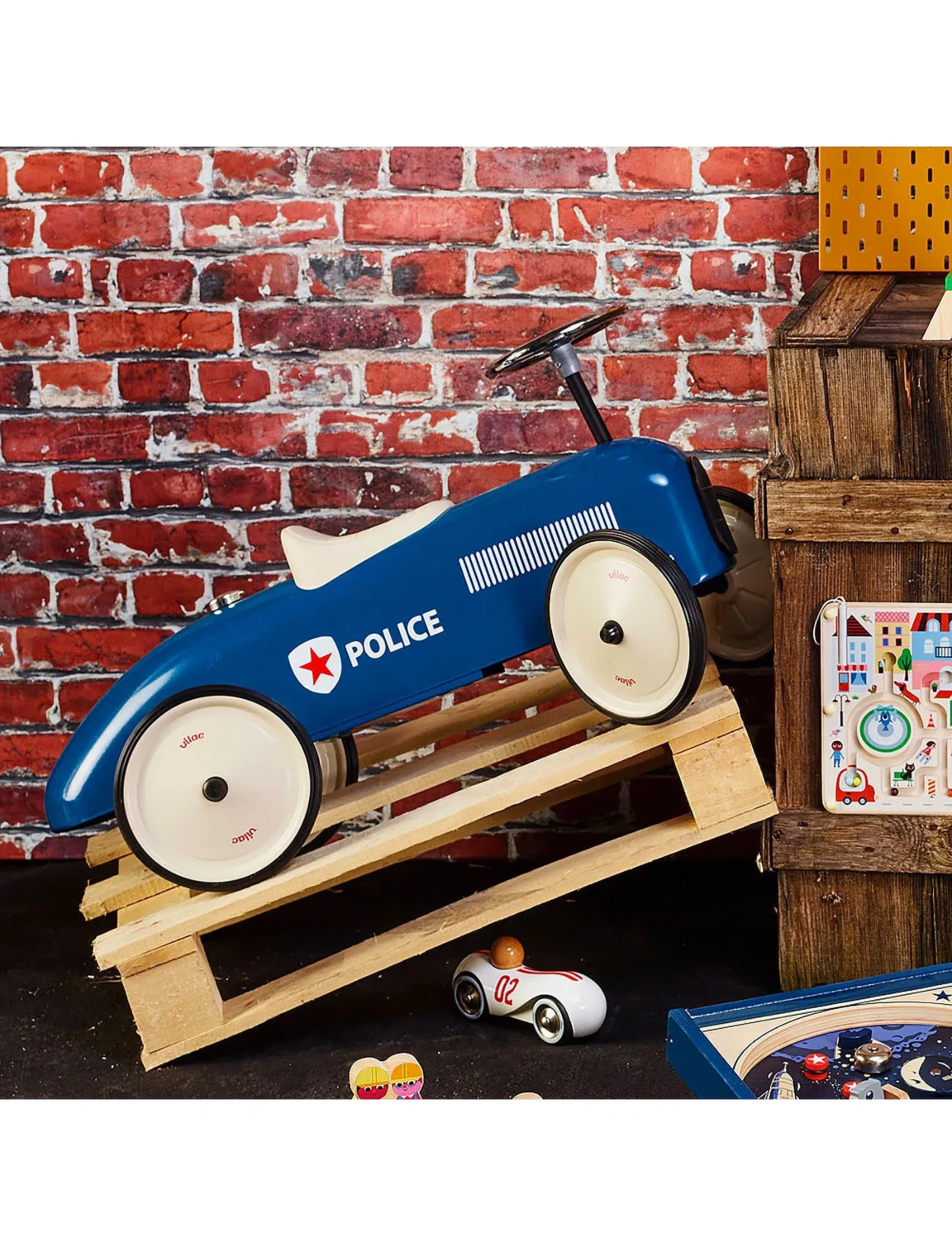 Vilac Vintage Ride-On Car Police, One Size, Spielzeug, Blau - Ride On Kinder