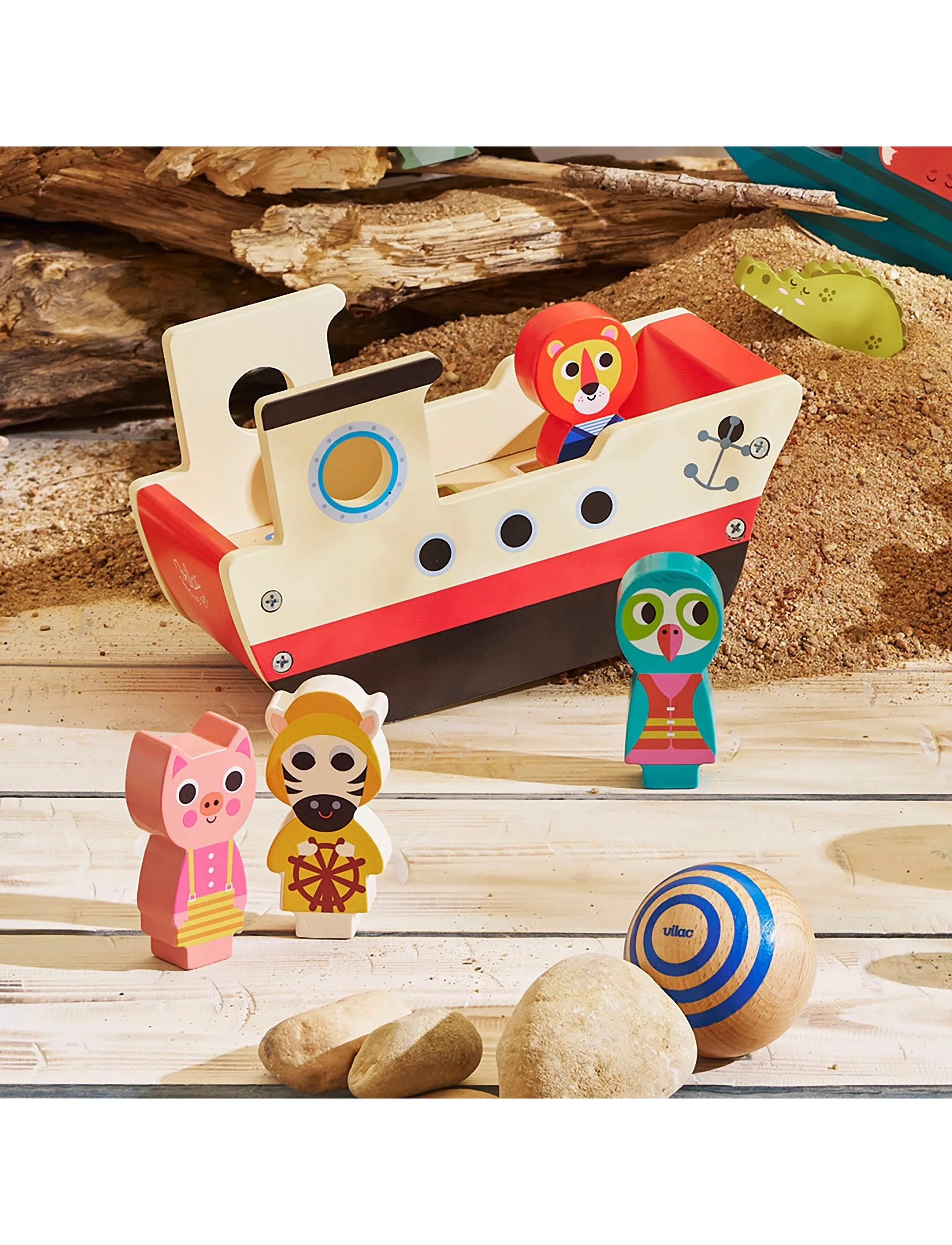 Vilac Sound Boat With 6 Animal Figures, One Size, Multi/patterned, Legesæt Og Actionfigurer > Træfigurer, Børn