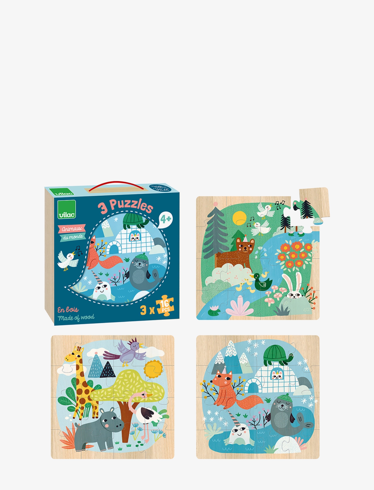 Vilac - Puzzle 3x16 pcs - Animals of the World by Michelle Carlslund - træpuslespil - multi - 1