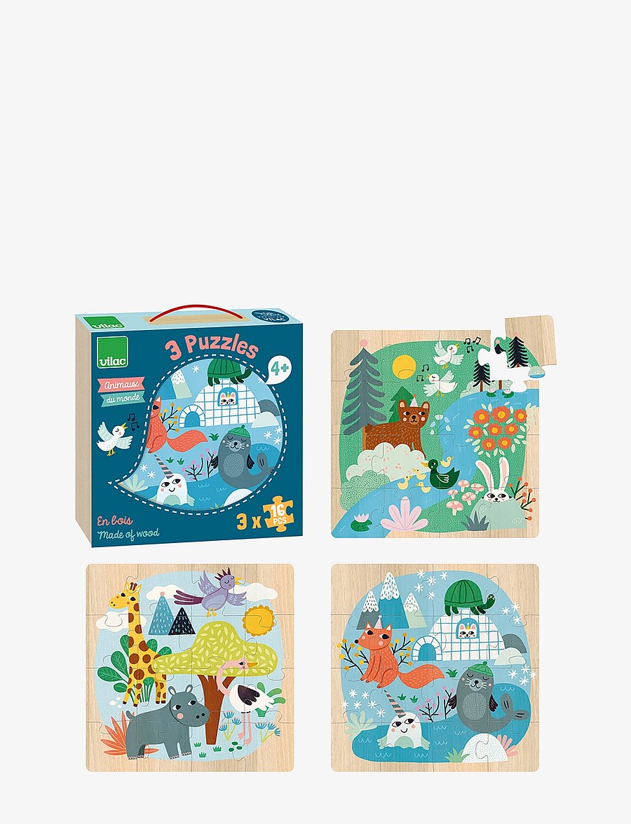 Vilac - Puzzle 3x16 pcs - Animals of the World by Michelle Carlslund - puidust pusled - multi - 1