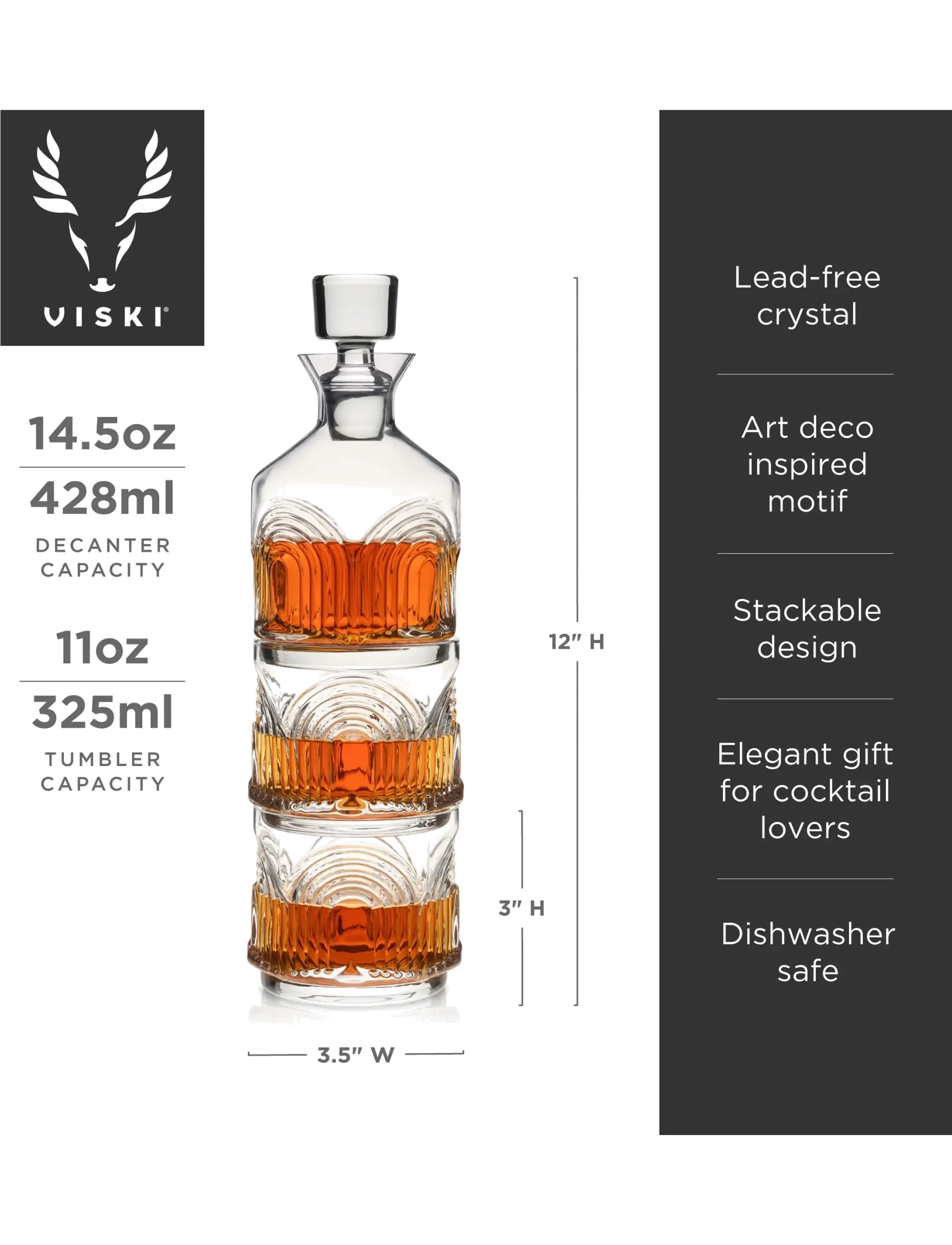 Viski - 3-Piece Deco Beau Crystal Stacking Decanter Viski® - transparent - 3