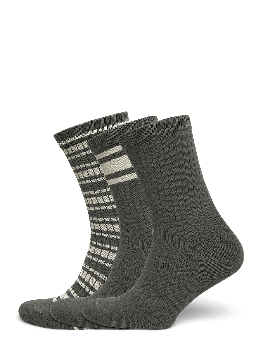 Weekday - 3-pack Rib Socks - crew socks - khaki green dark - 0