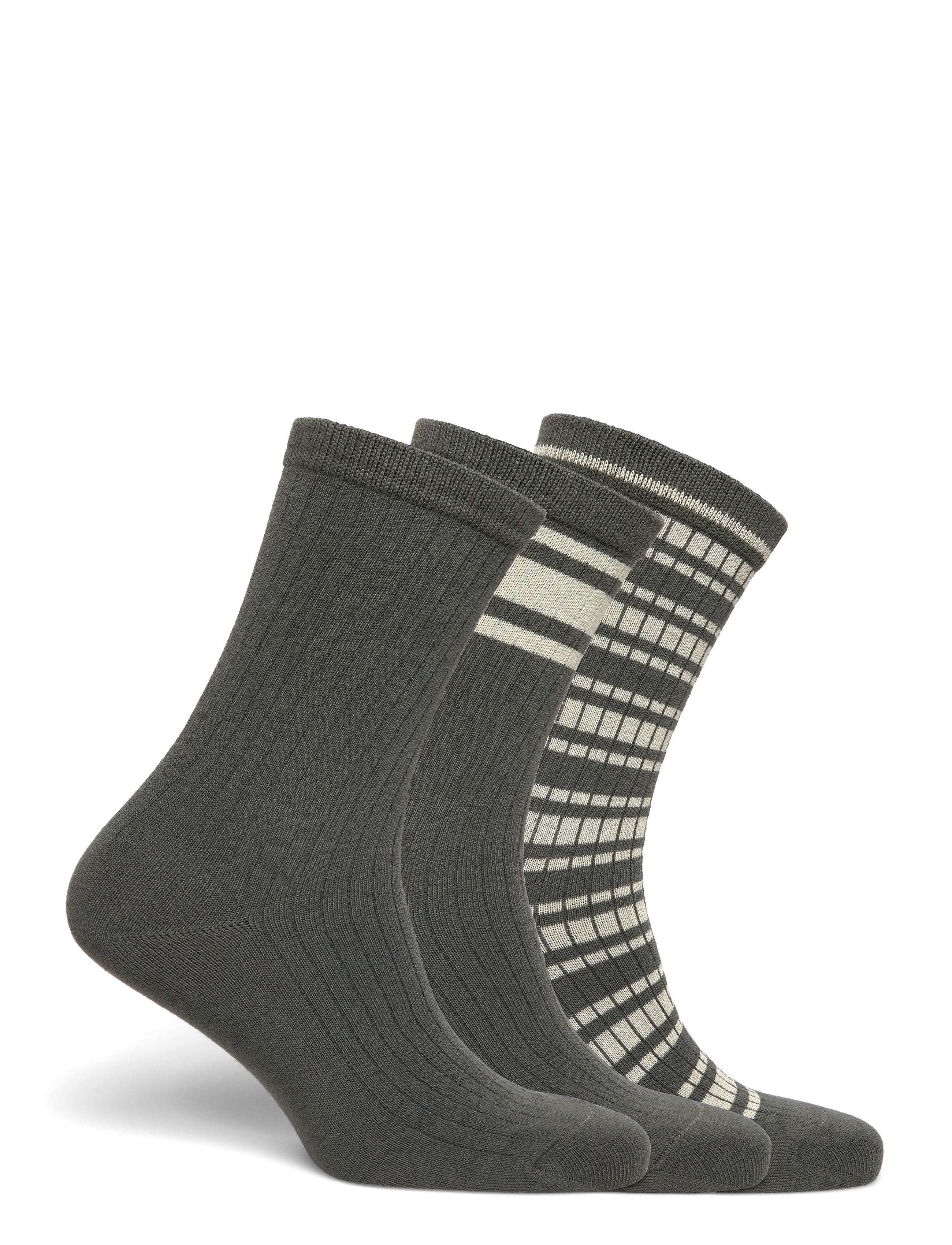 Weekday - 3-pack Rib Socks - crew socks - khaki green dark - 1