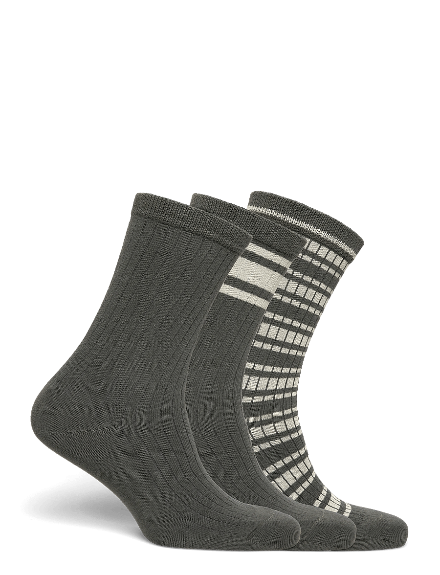 Weekday - 3-pack Rib Socks - crew socks - khaki green dark - 1