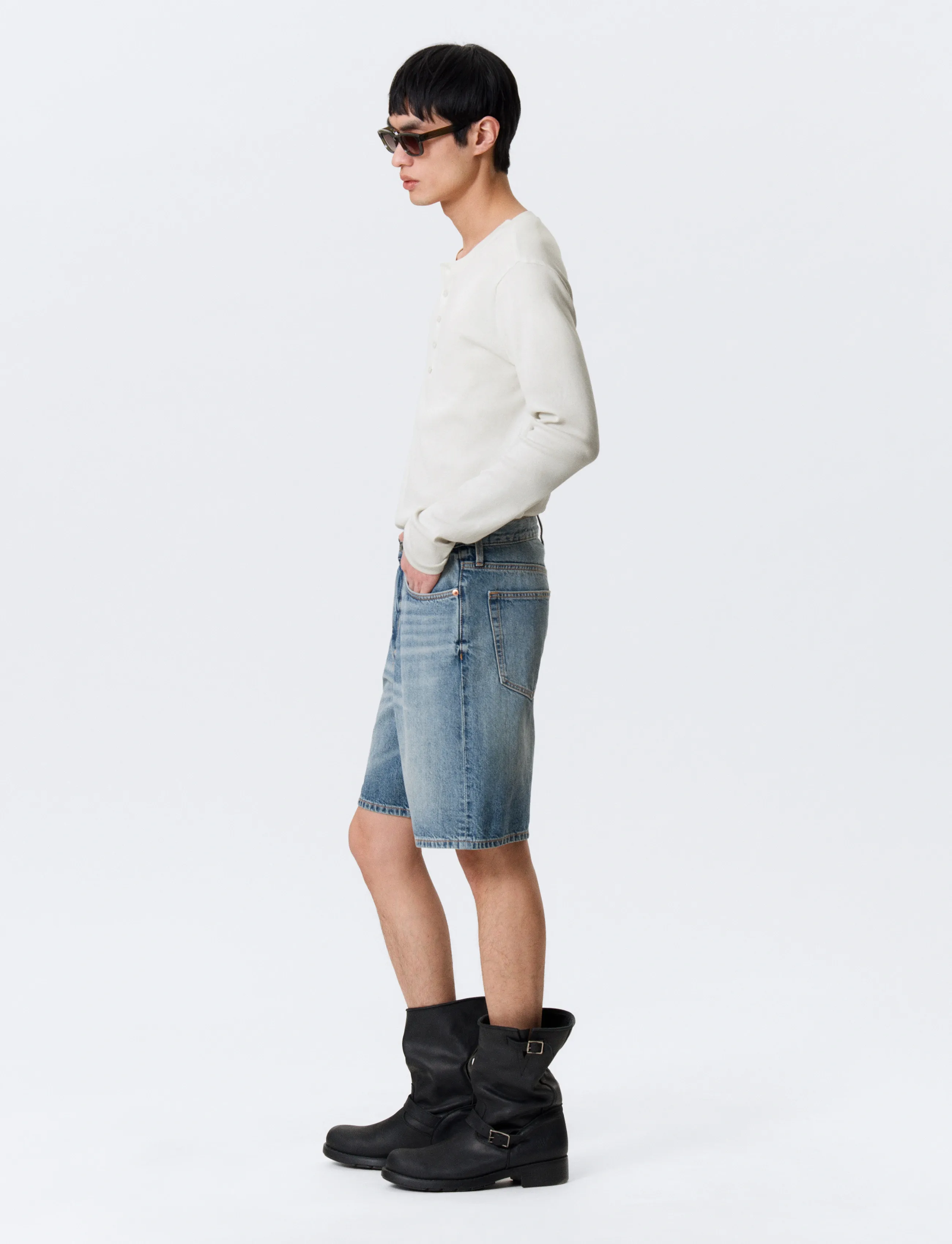Weekday - Galaxy Mid Rise Loose Denim Shorts - jorty - blue horses - 3