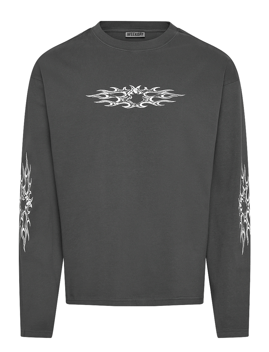 Weekday - Great Boxy Graphic Long Sleeve T-shirt - long-sleeved t-shirts - dark grey air flame - 0