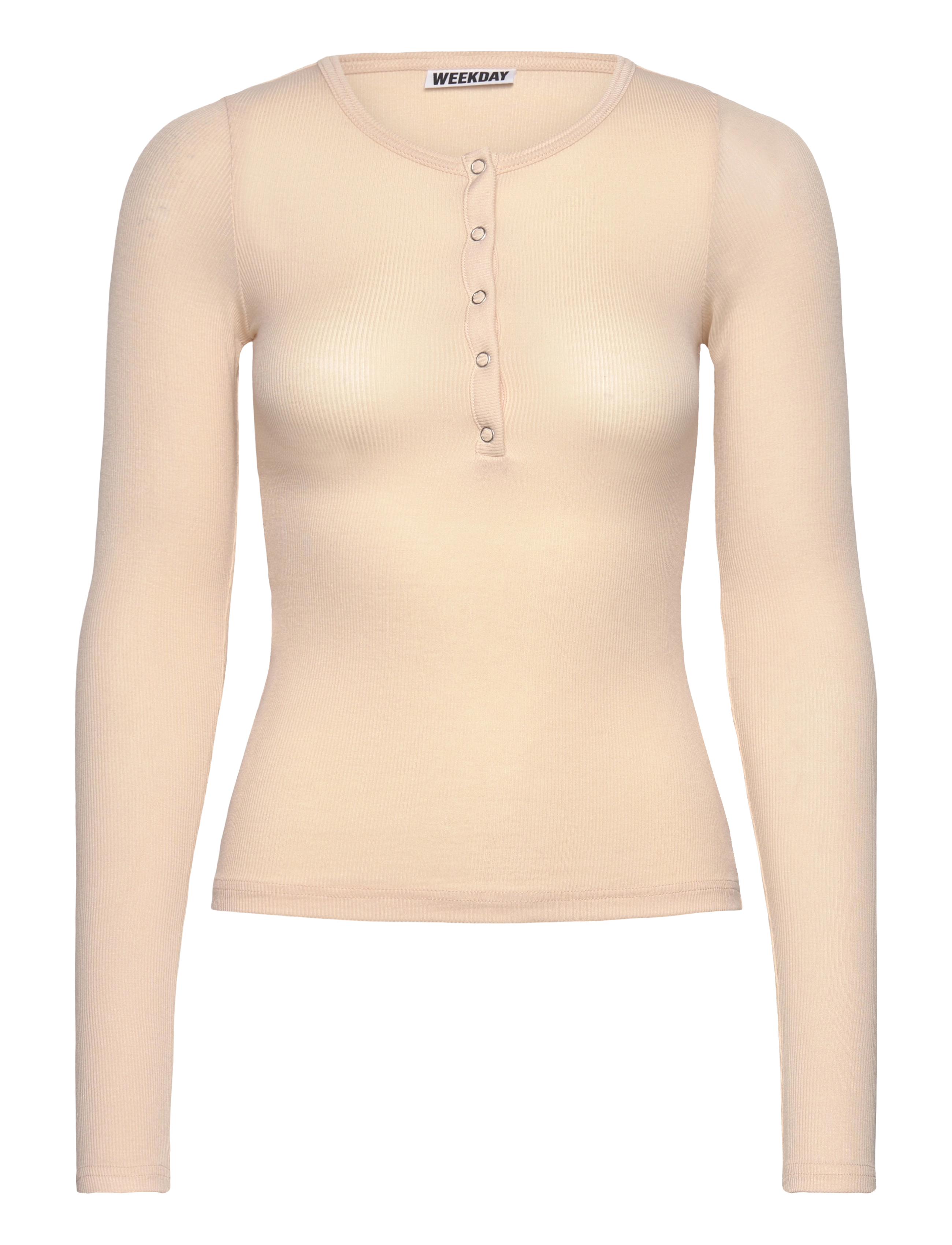 Weekday Sheer Rib Long Sleeve Henley Top, XS, T-shirts & Oberteile, Creme - Long-sleeved, Frauen