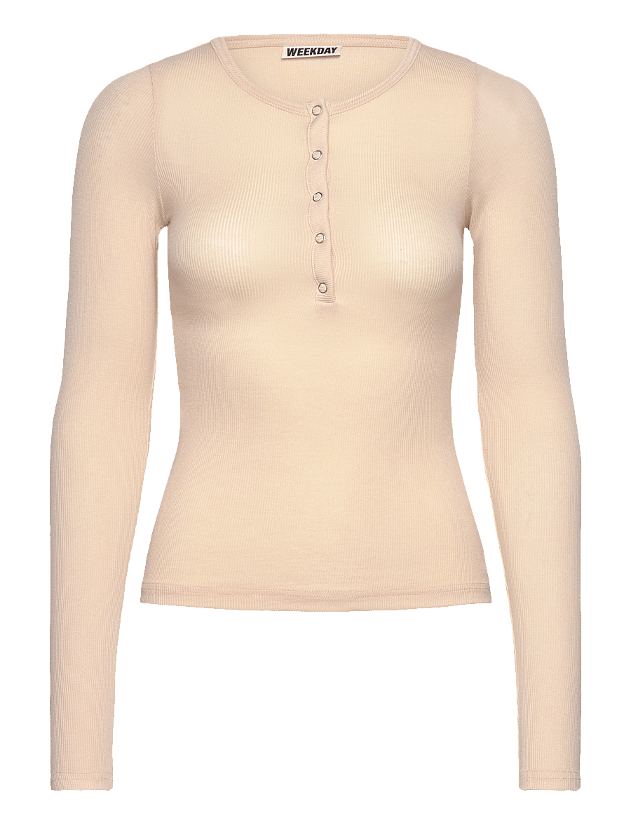 Weekday - Sheer Rib Long Sleeve Henley Top - long-sleeved tops - light beige - 0