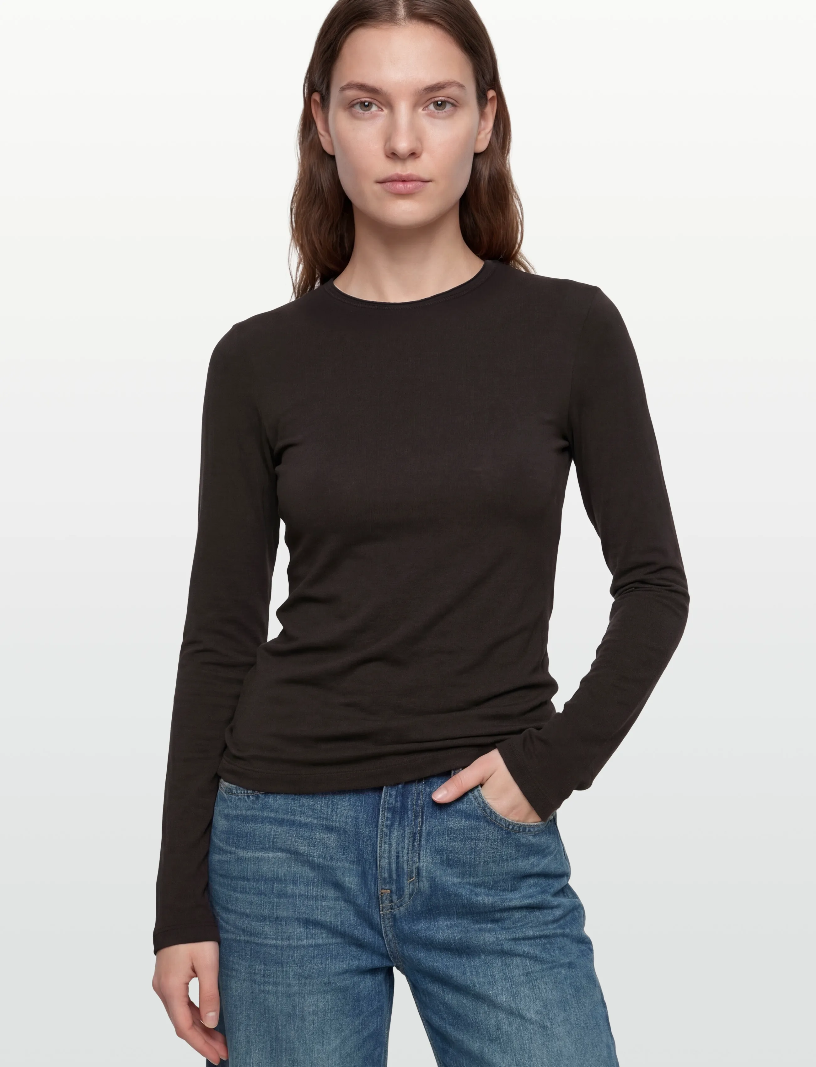 Weekday - Long Sleeve Cotton Top - long-sleeved tops - brown dark - 3