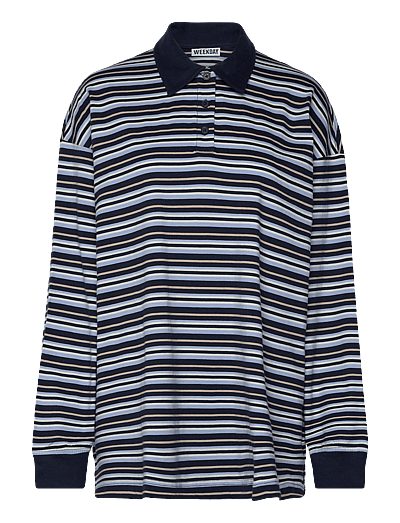 Weekday Striped Oversized Polo Shirt - Long-sleeved tops - BLUE DARK / navy