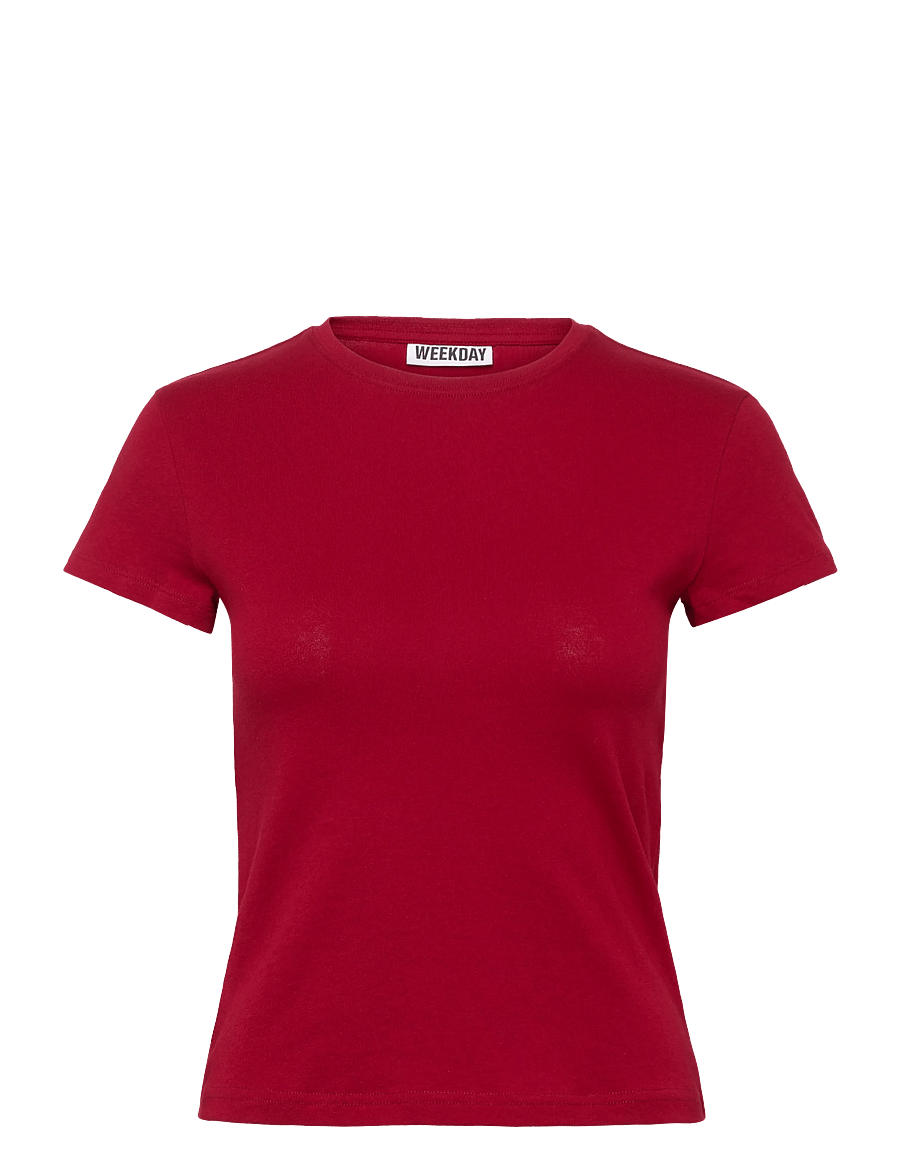 Weekday - Slim Short-Sleeved Cotton T-shirt - t-shirts - cherry red - 0