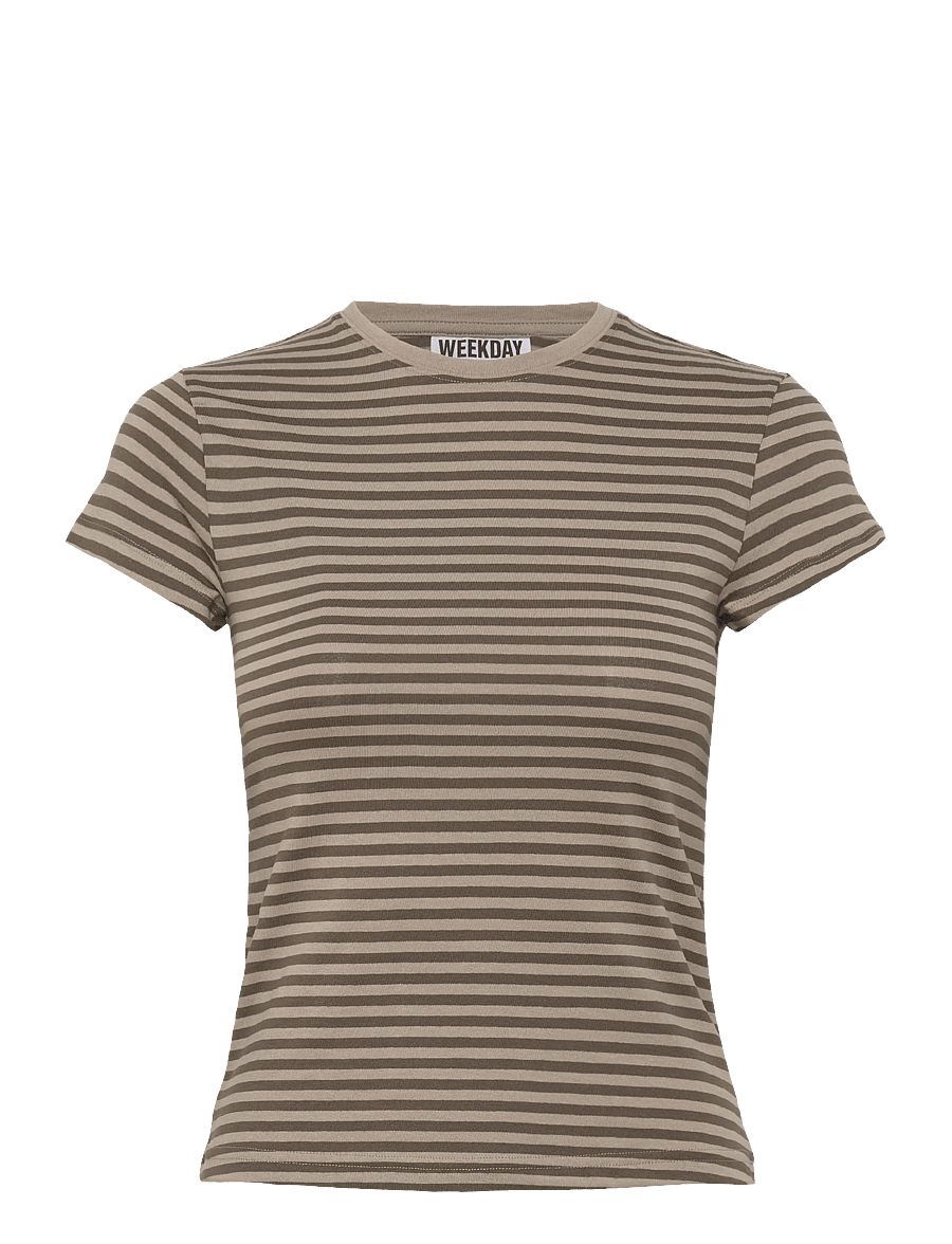 Weekday - Slim Short-Sleeved Cotton T-shirt - t-shirts - mole dusty stripe - 0