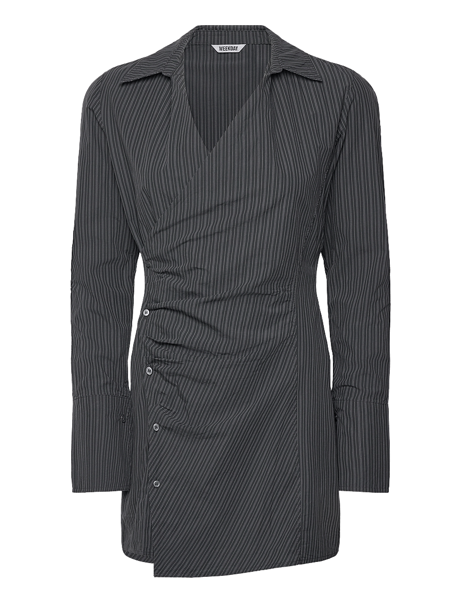 Weekday - LongSleeved Asymmetric Mini Shirt Dress - skjortklänningar - grey stripe - 0