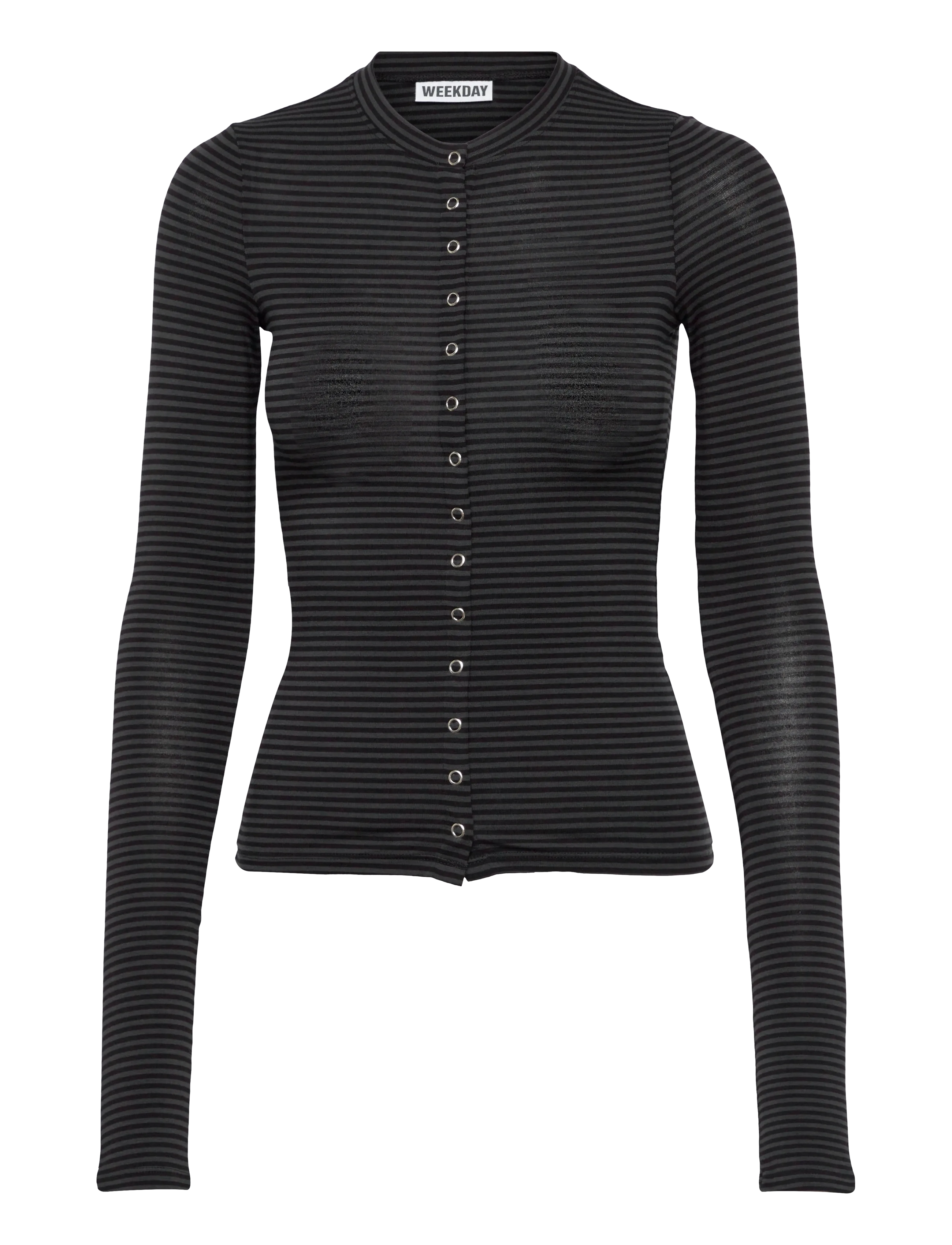 Slim Long-Sleeved Buttoned Cardigan - DARK GREY STRIPE