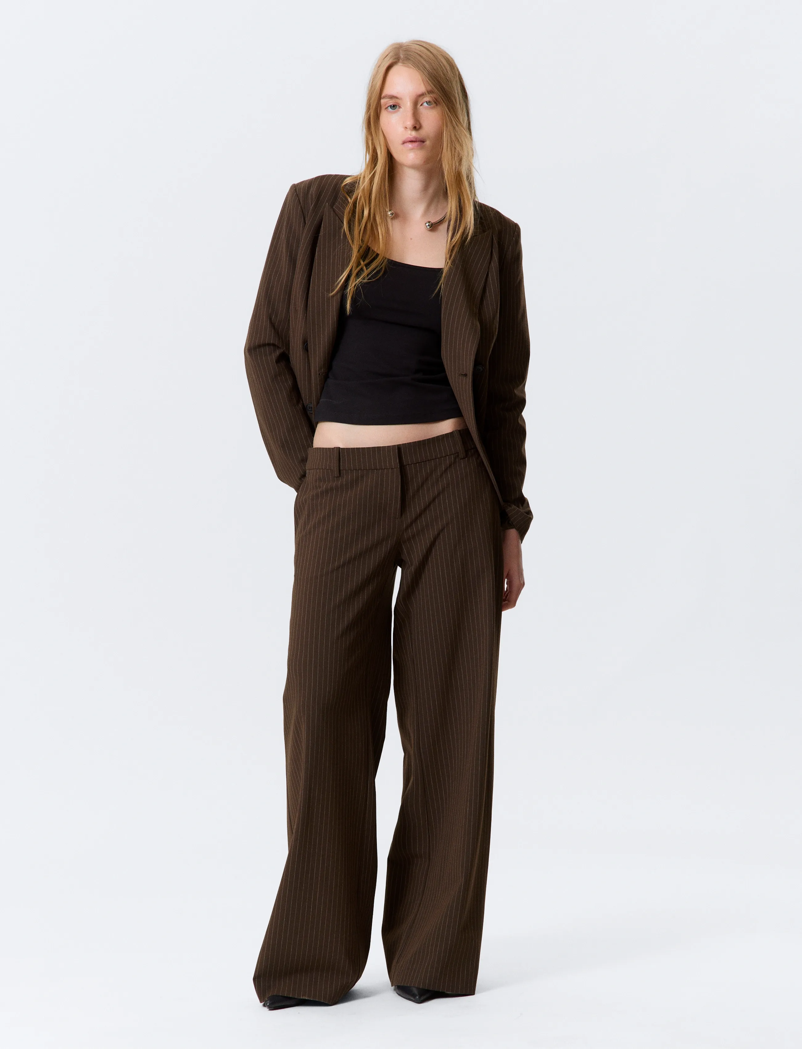 Weekday Low Flared Suit Trousers - Riided - BROWN STRIPE / brown