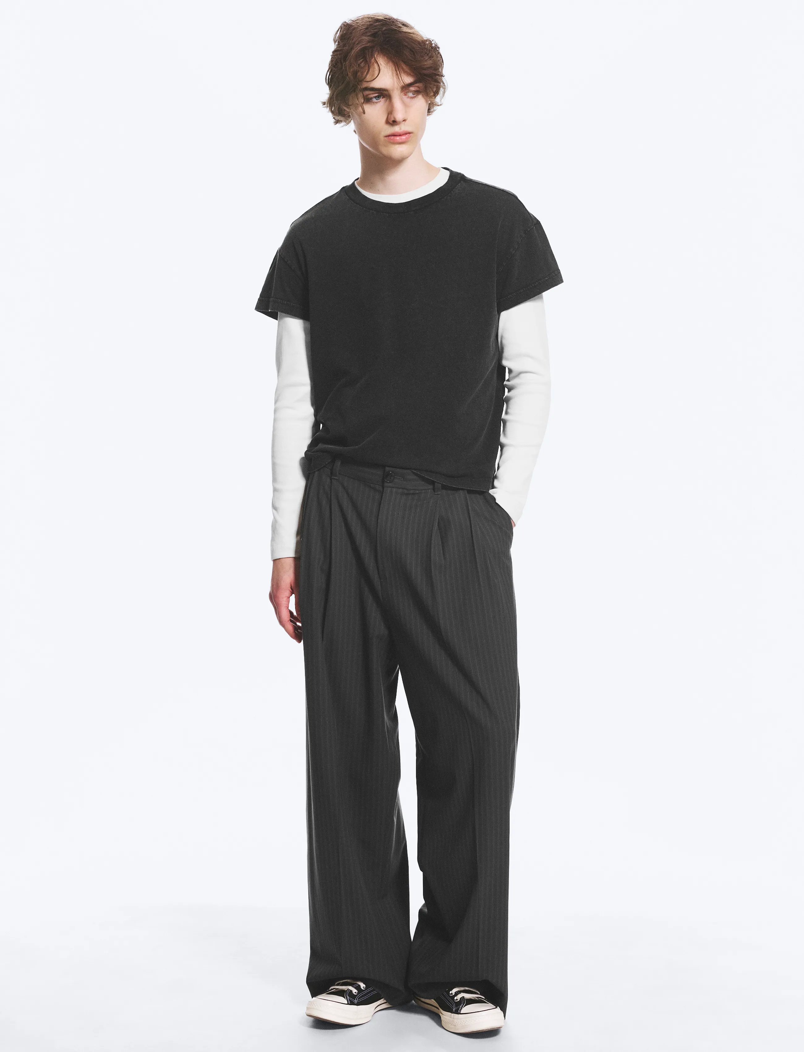 Weekday Nate Regular Waist Baggy Straight Trousers - Suits & Blazers - GREY PINSTRIPE / grey